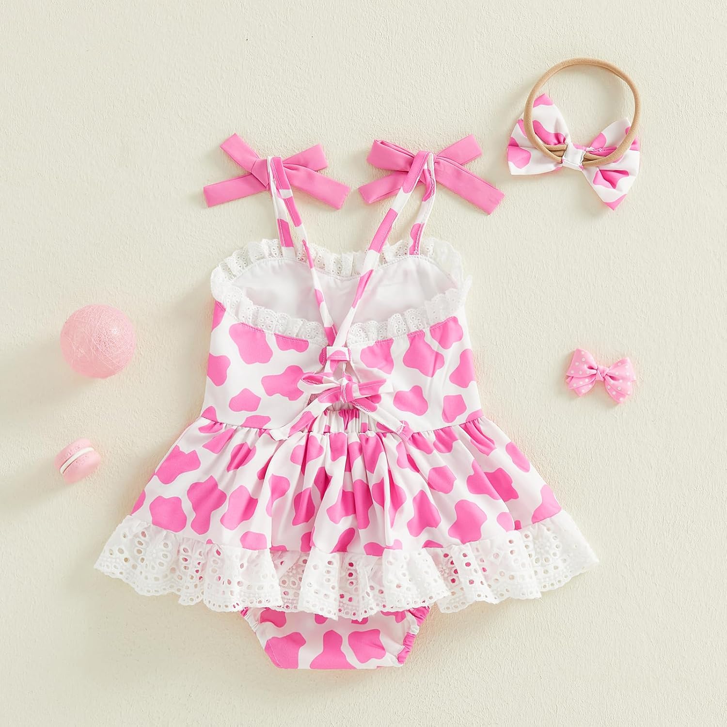Infant Baby Girls Western Cowgirl Romper Cow Print Sleeveless Straps Ruffle Dress Bodysuit with Headband