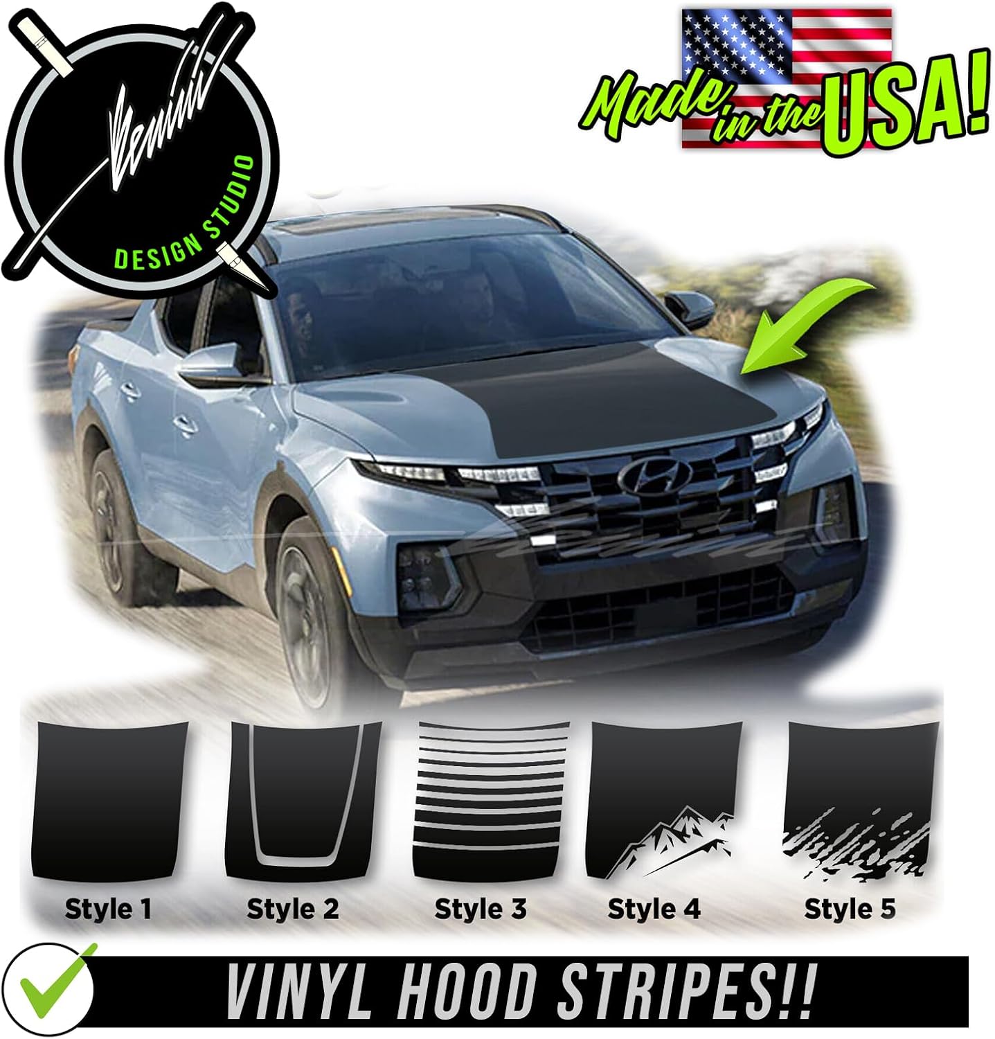 Hood Blackout Stripe Decal Racing Stripes Graphics Fits 2022 Graphic Vinyl Sticker Compatible with Hyundai Santa Cruz 2022-2027 (Style 4, Matte Black)