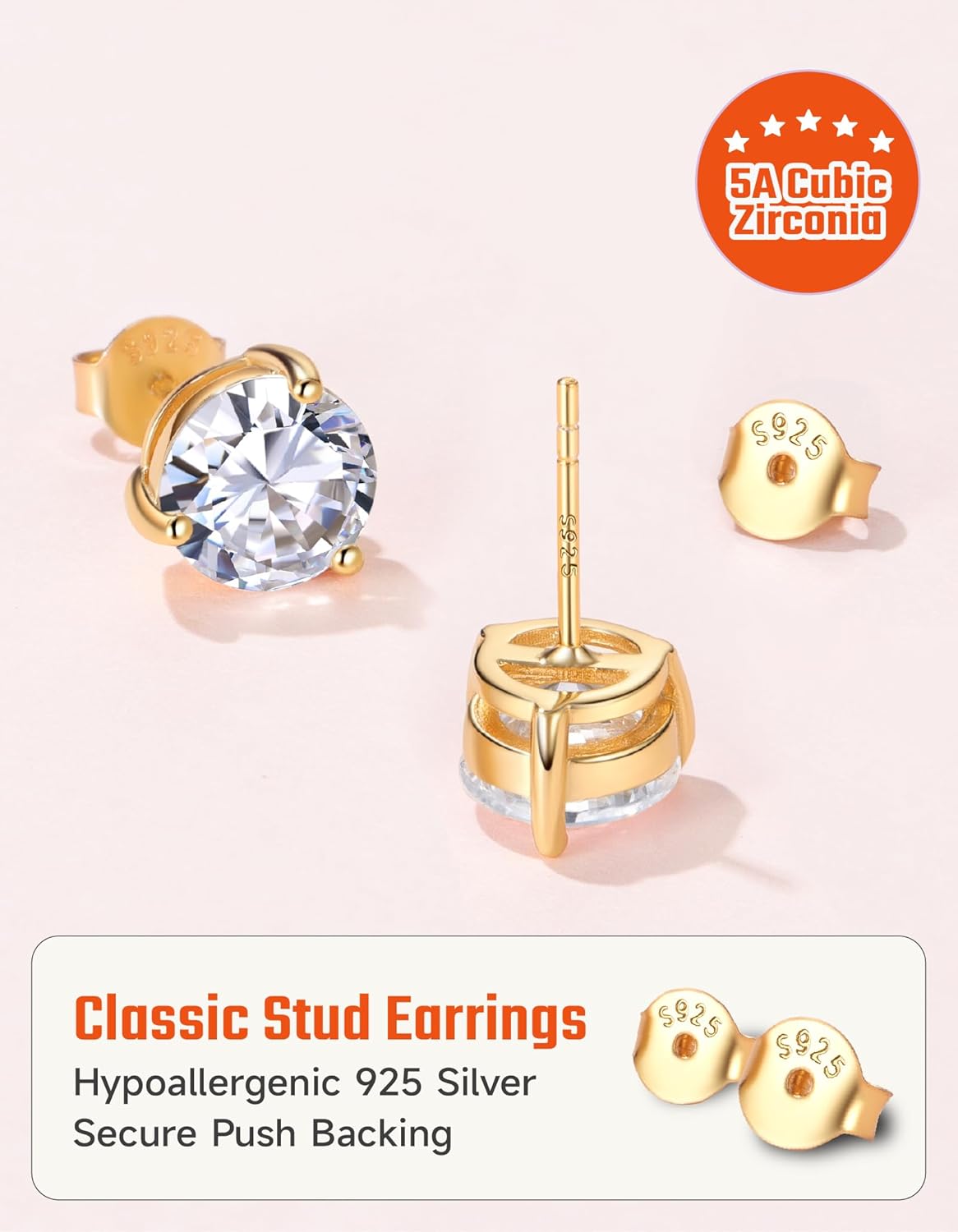 JustBeingCute 3-Prong Sterling Silver Earrings, Round CZ Colorful Stone Flat Back Studs Hypoallergenic Earrings for Women, Valentine's Day Engagement Jewelry Gifts—4/5/6/6.5/7.5/8mm - Image 4