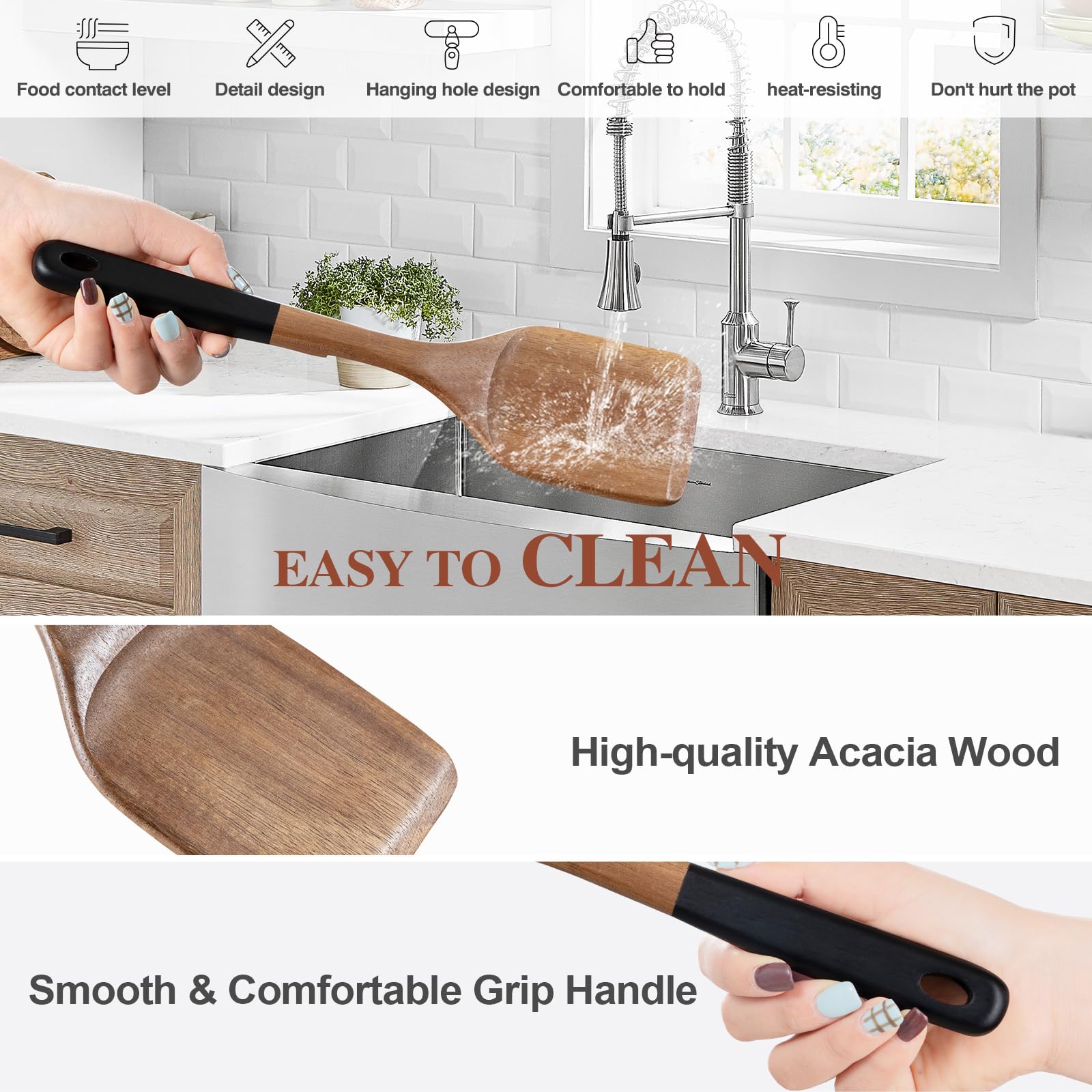 Cucharas de madera para cocinar, 6 utensilios de cocina de madera de acacia natural, cucharas de cocina de madera de agarre suave con agujero para colgar, juego de utensilios de cocina de madera