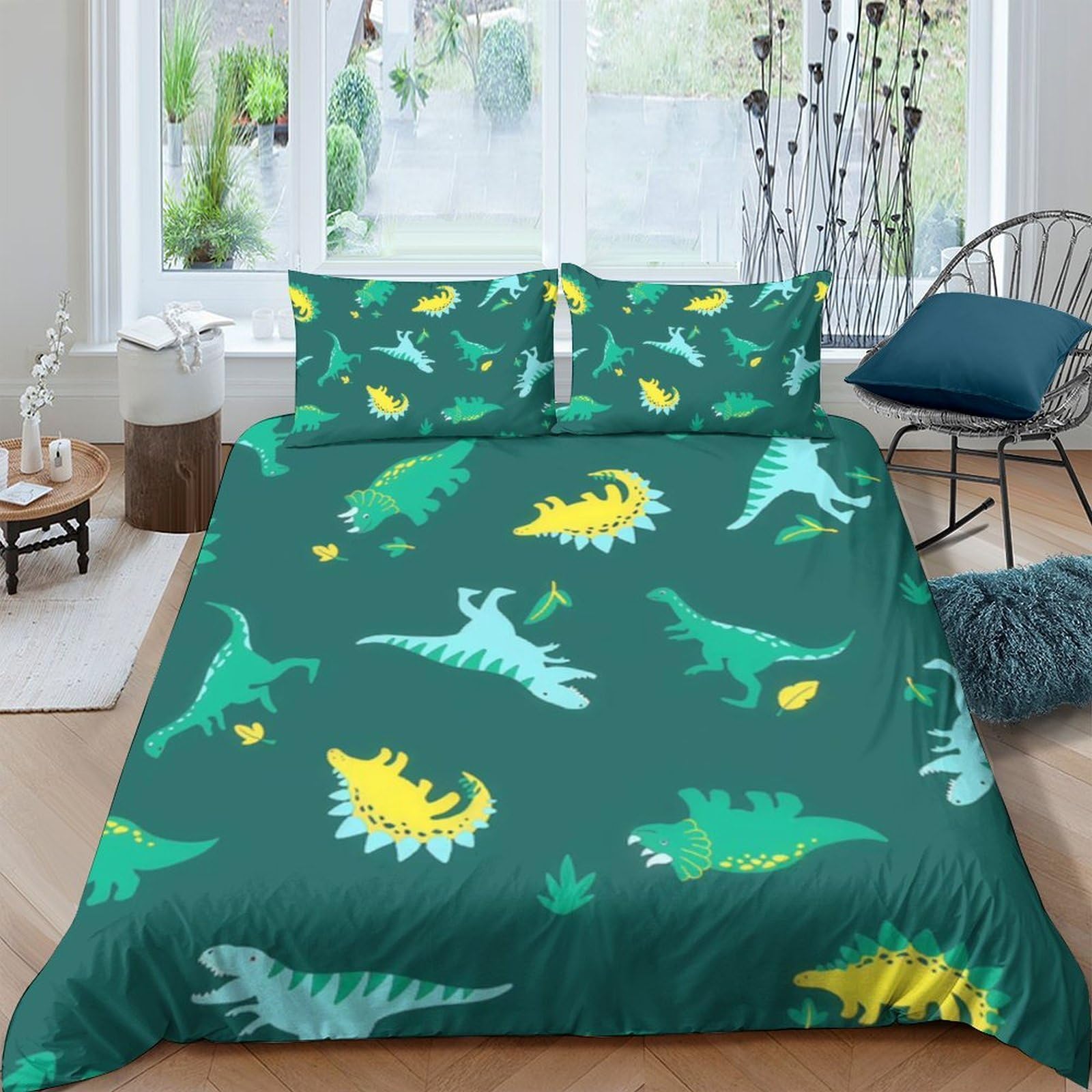 P5V6M1Q9 3D Printed Green Dinosaur Duvet Cover Microfiber Soft Breathable Cartoon Animal Bedding Set with 2 Pillowcases for Bedroom Decor Single（135x200cm）