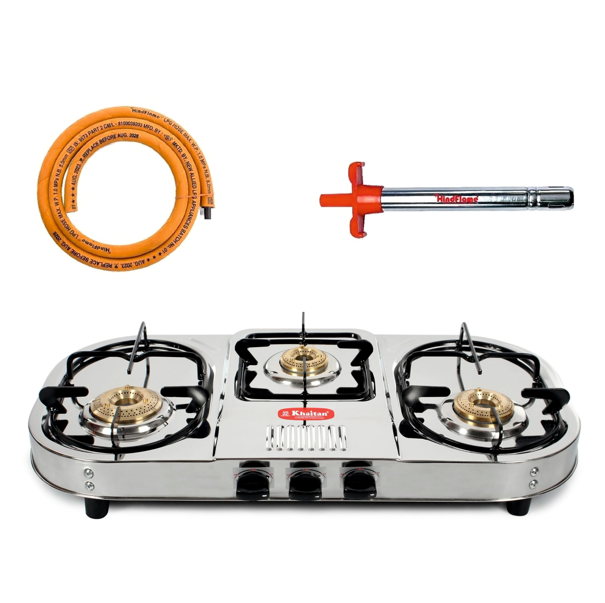 Khaitan Combo - 1 Unit 3 Burner Double Decker Pro Manual Lpg Stainless Steel Gas Stove + 1 Unit Hindflame Kitchen Lighter + 1 Unit Hindflame Lpg Hose Pipe (1.5 Mtr) (B0D5QXTGJ1) Amazon Price History, Amazon Price Tracker