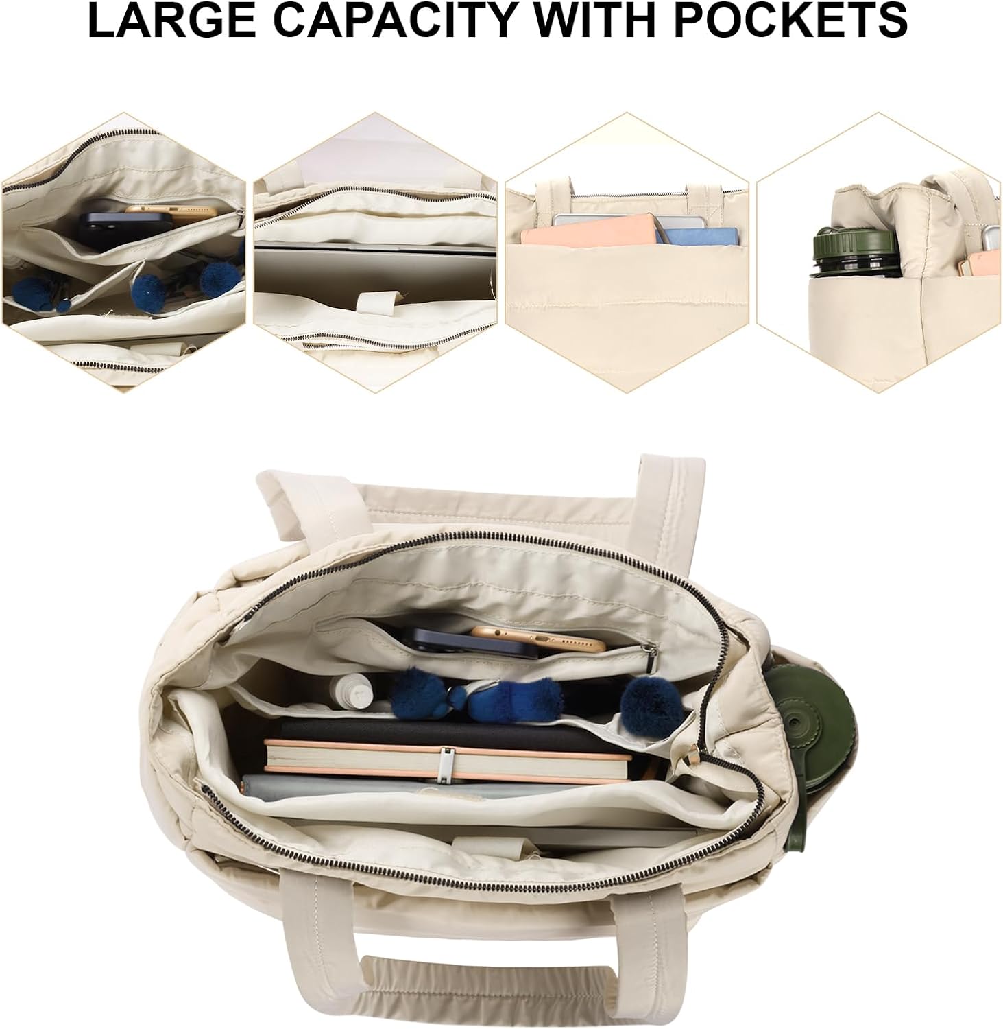 Tote Bag for Women, Puffer Quilted Handbag with Compartments Lightweight Puffy Shoulder Bag for Travel, Work, Gym - Image 4