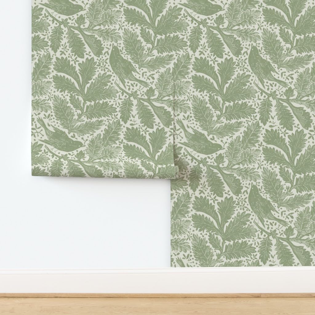Removable Wallpaper 3ft x 2ft - Sage Floral,Grandmillennial,Songbirds,Arts and Crafts,French Style,English Garden,Statement Floral Custom Pre-Pasted Wallpaper by Spoonflower