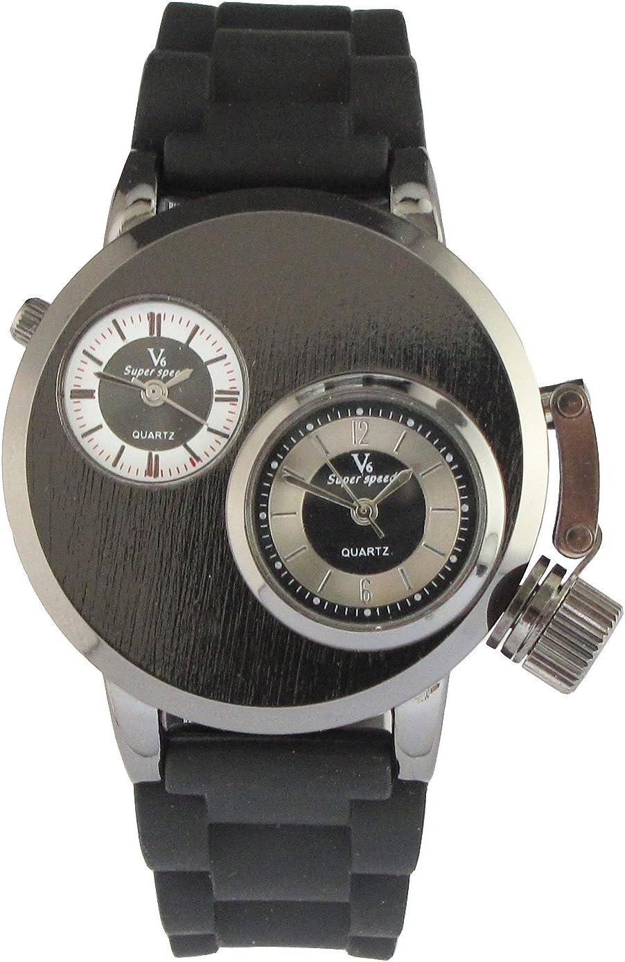 Special Design 2 Dial Stainless Steel Case Rubber Strap Quartz Watch (Black)