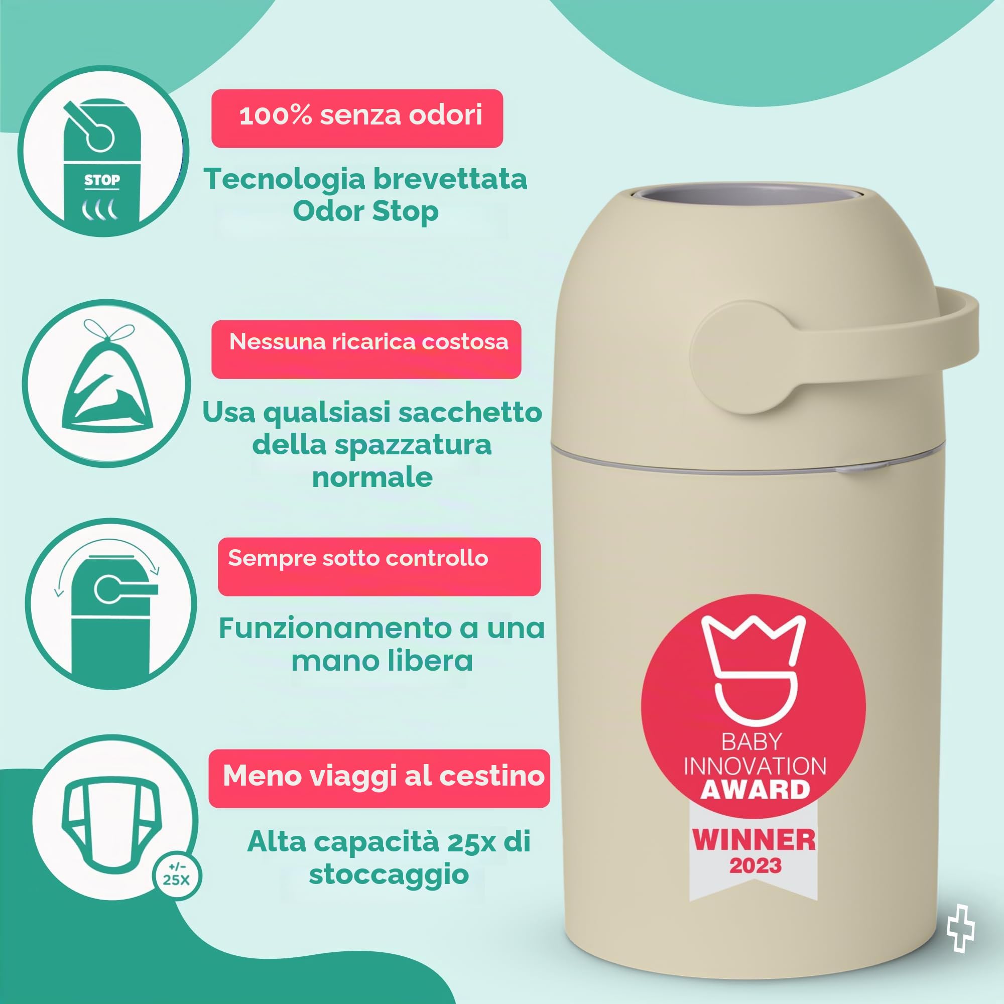 Magic Secchio per pannolini per bambini, sistema brevettato anti-odori, utilizzare qualsiasi sacchetto della spazzatura, leva libera con una mano, 1 rotolo di borsa incluso (beige)