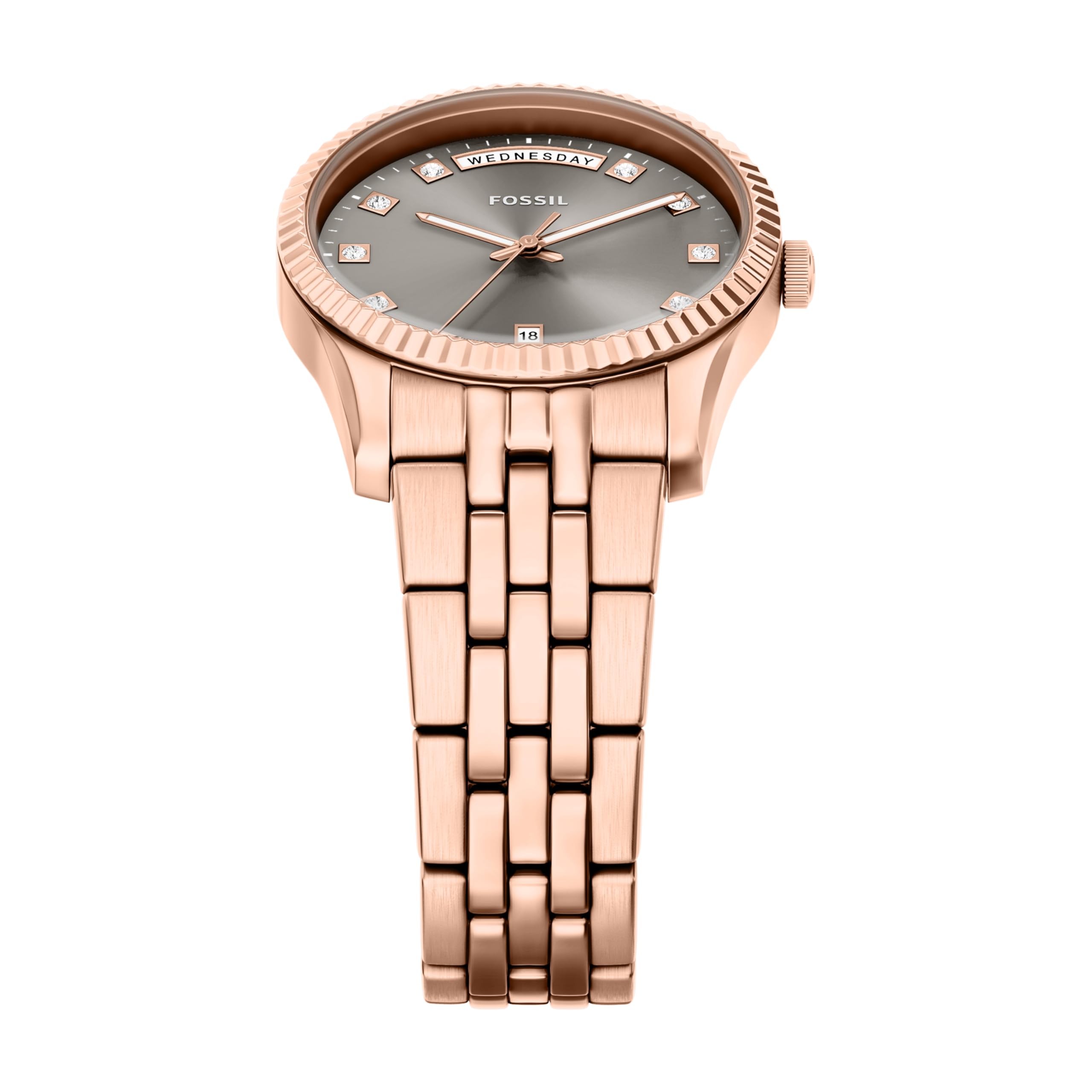 Fossil Reloj Scarlette para Mujer, 32 mm, Movimiento de Cuarzo con Tres Agujas con Fecha y Correa de Acero Inoxidable