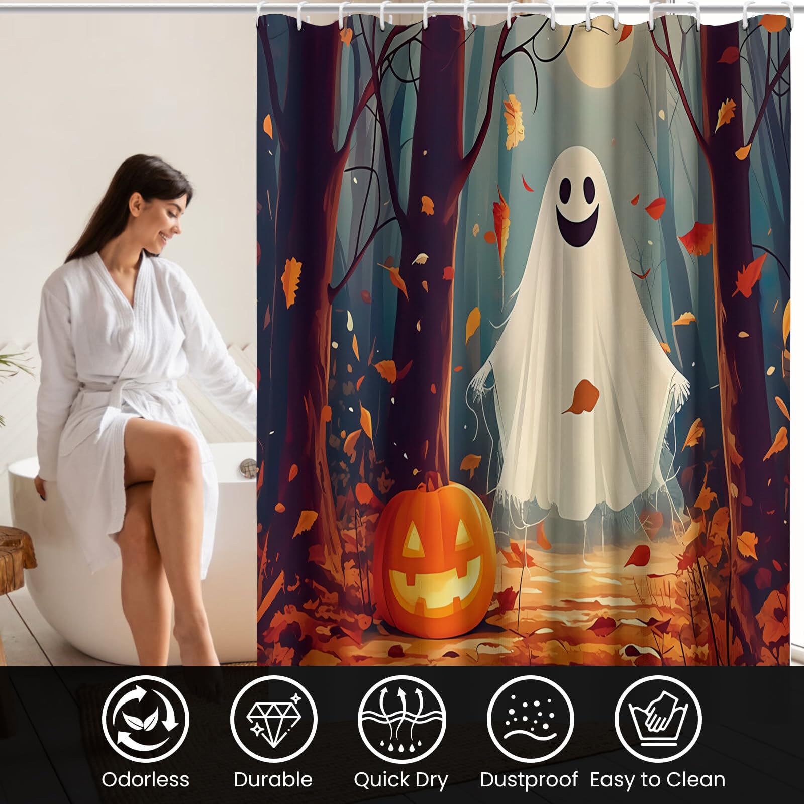 Duschvorhang Halloween Kürbisgeist Wald-Cartoon Duschvorhänge H240Xb200Cm | Anti-Schimmel Wasserdicht Polyester Stoff Waschbar Bad Vorhäng Für Badzimmer Mit Haken