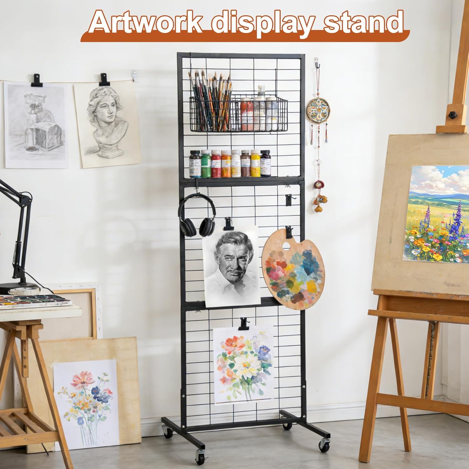 Foldable 3-Tier Wire Grid Wall Display Rack, Tool-Free Assembly Gridwall With Removable Hooks, Mobile Grid Panel For Home Storage, Retail Display & Vendor Events, Black Wire Grid Wall Panel Display