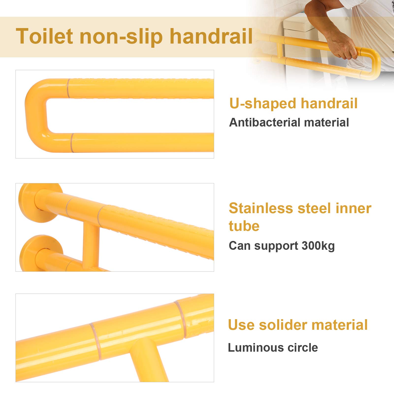 Bar de baño de baño en forma de Vomeko, ayuda para el baño para personas mayores, soporte de baño de acero inoxidable sin deslizamiento, para personas mayores de edad avanzada