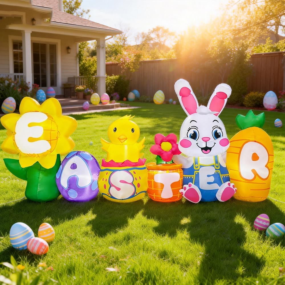 KOOY 8FT Long Easter Inflatables Bunny Outdoor Decorations with Egg Chick Carrot and Sunflower, Built-in LED Lights Easter Blow Up Yard Decorations for Lawn Garden Holiday Party