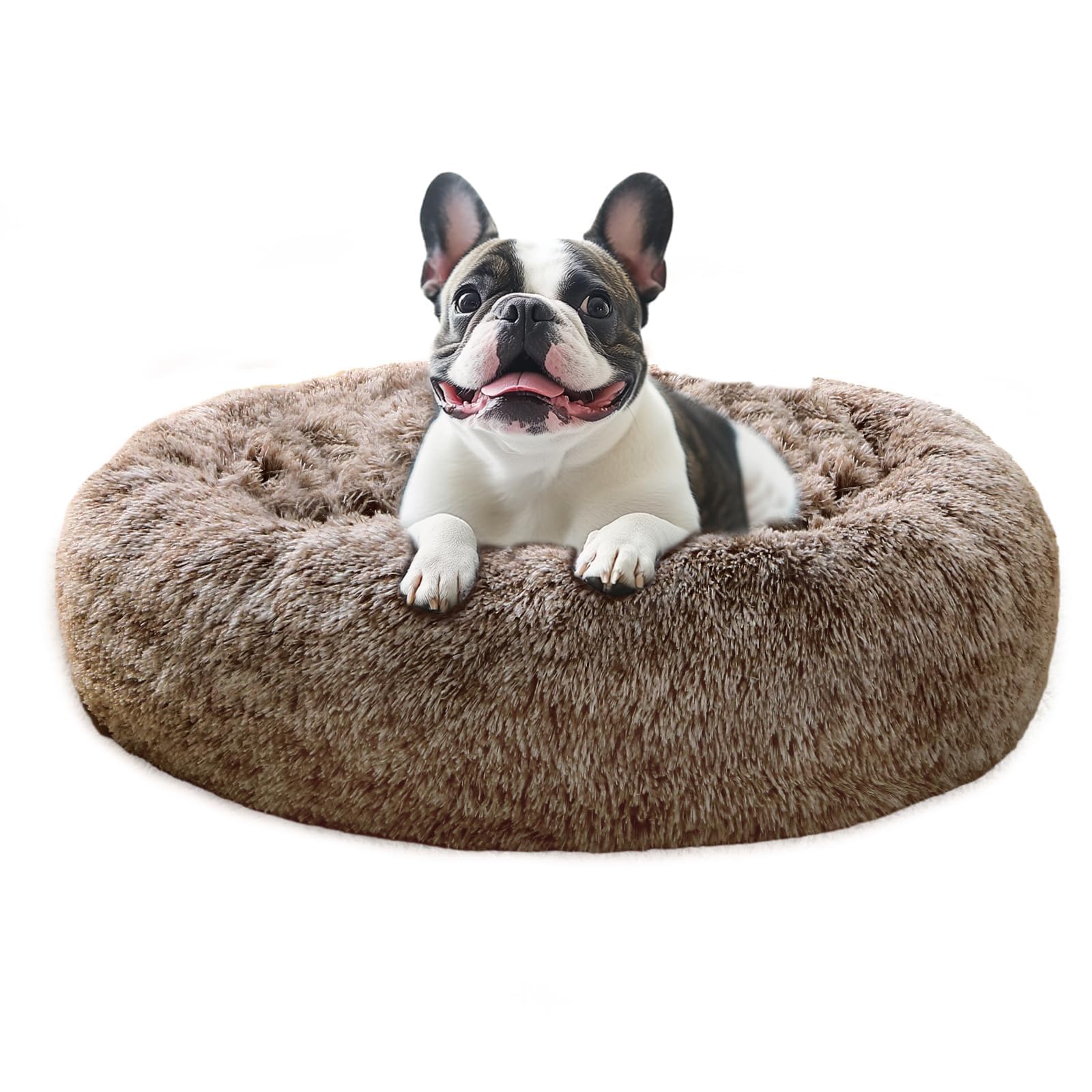 JOLLYVOGUE Calming Dog Bed Medium Size Dog, 31in Donut Washable Medium Pet Bed, Anti-Slip &amp; Anti-Anxiety Fluffy Faux Fur Round Dogs Bed, Fits up to 45 lbs Pets (Smoke Brown)