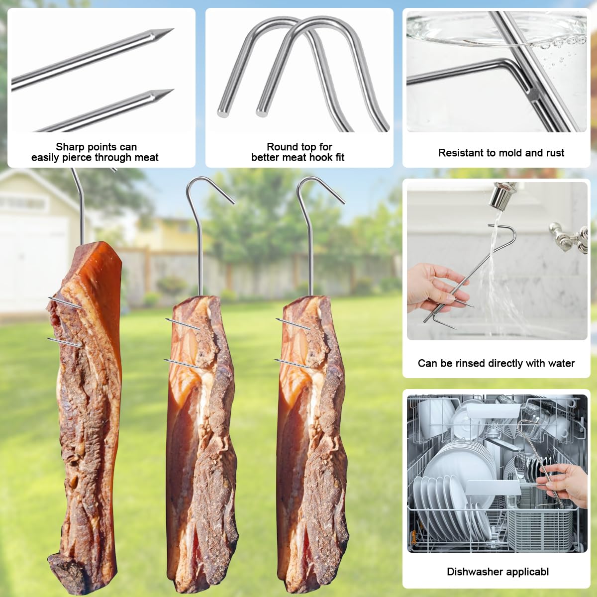 UHETLET Pack of 12 Smoking Hooks Fish Stainless Steel Double Hooks for Fish Smoking 21 cm