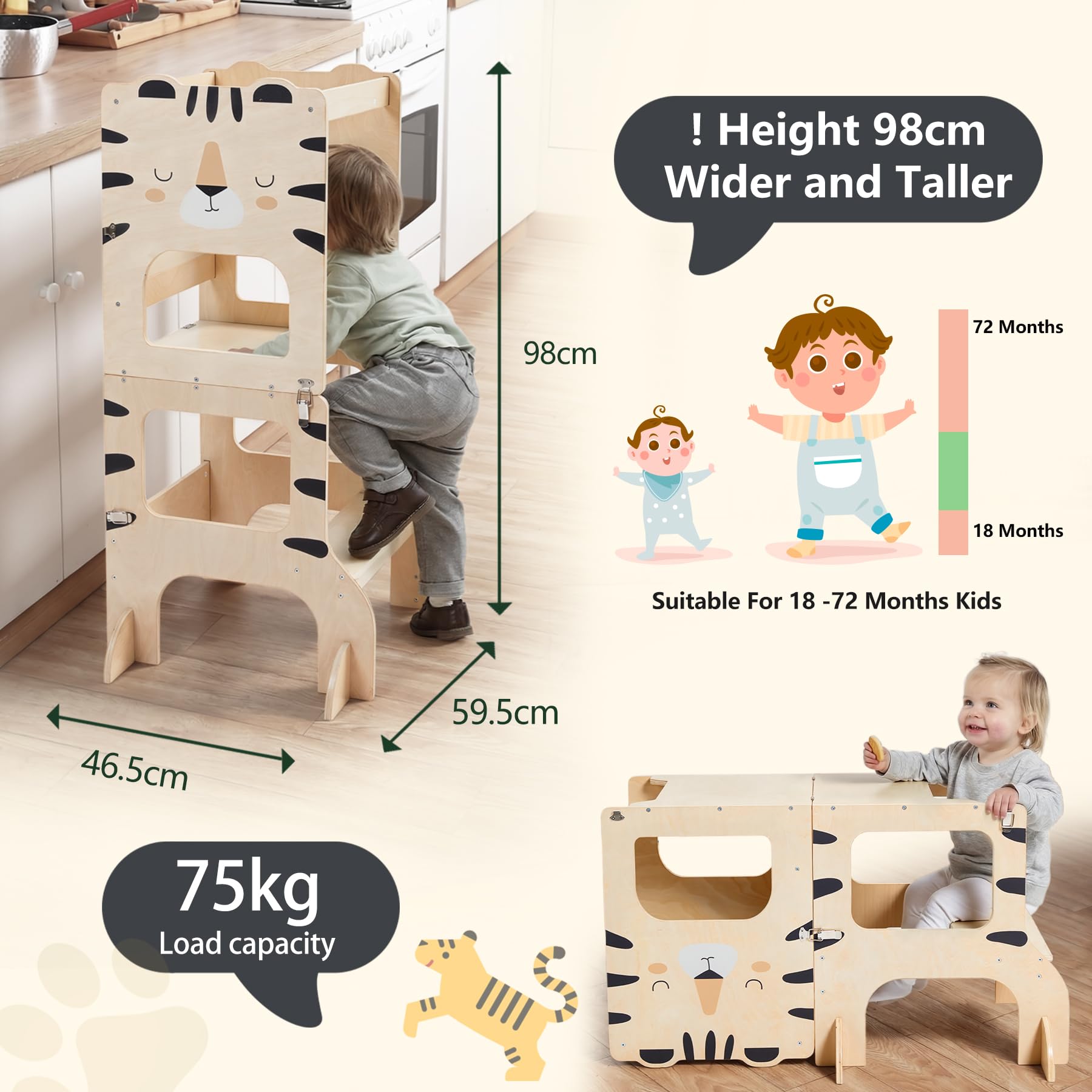 Torre da cucina per bambini, torre di apprendimento in piedi, 2 in 1, sgabello da cucina in legno nero con lavagna Montessori e Waldorf Helper per bambini in cucina