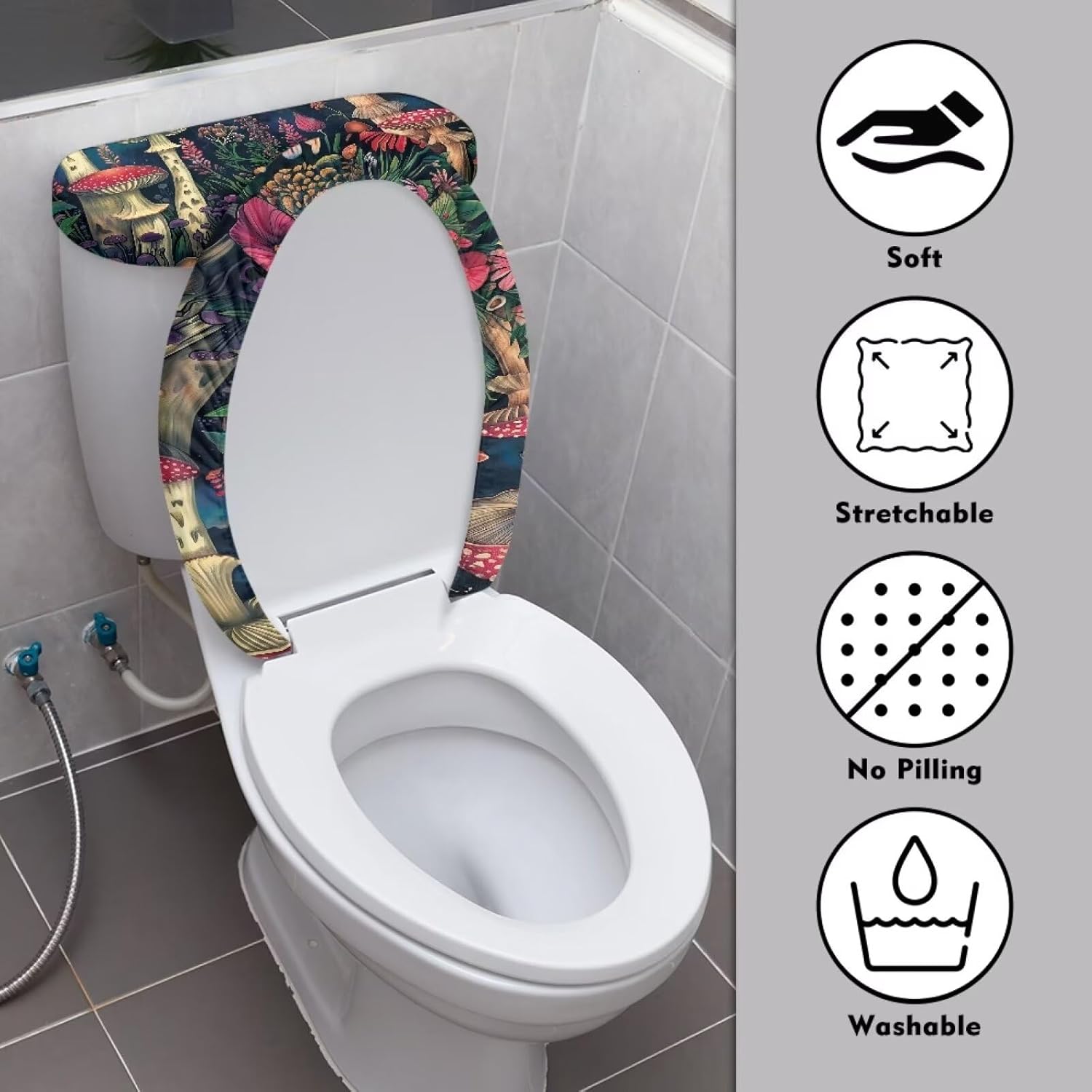 Cute Mushroom Print Toilet Seat Lid Cover Polyester Fabric Toilet Seat Covers for Bathroom Soft and Breathable Waterproof Toilet Seat Cover Set Universal for Most Toilet Bowl Lids