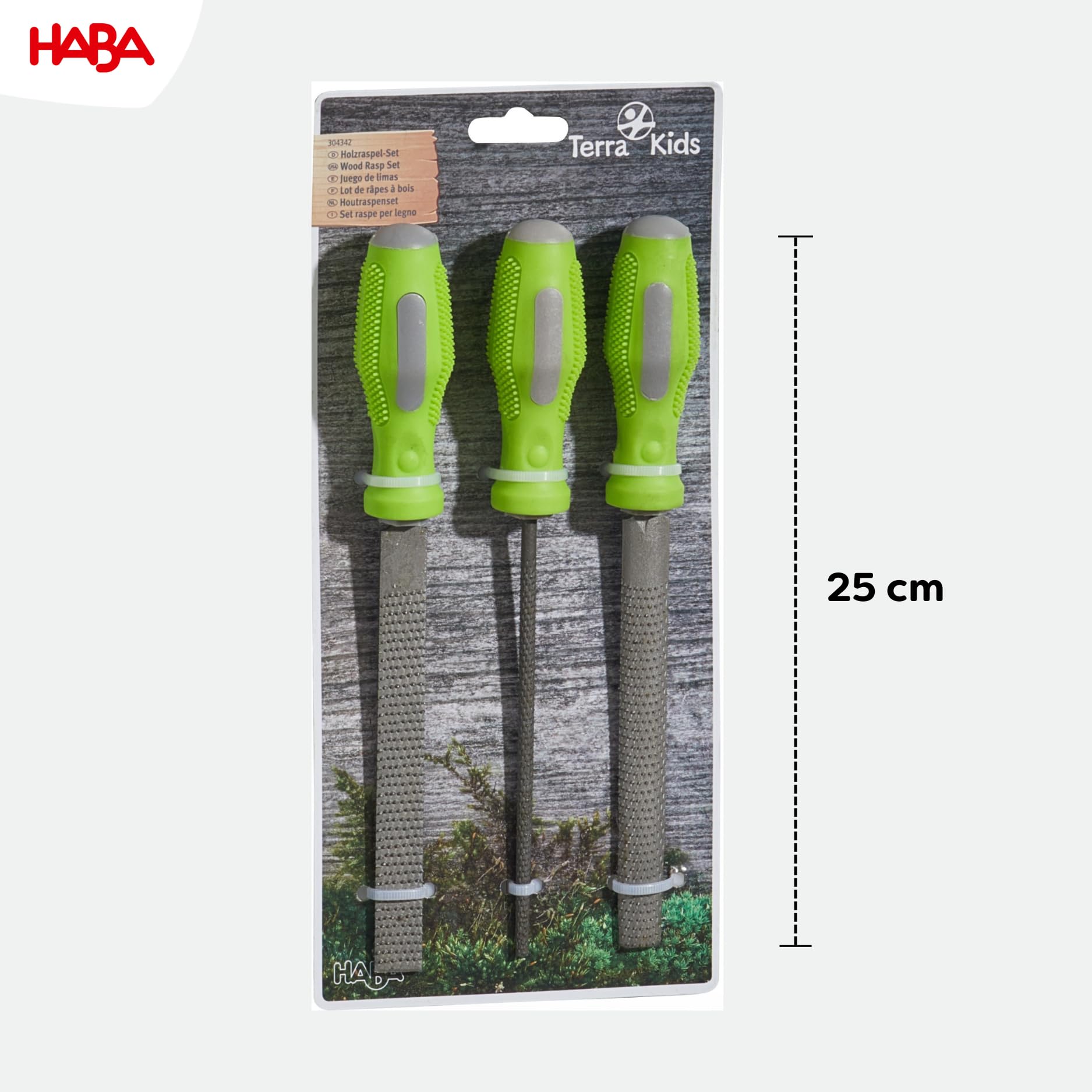 HABA Terra Kids 1304342001 - Set di Attrezzi per Bambini con 3 raspe (Rotonde, semicircolari, Piatte, Ideali per lavori di Legno e lavori all'aperto, dai 7 Anni in su, 1304342001