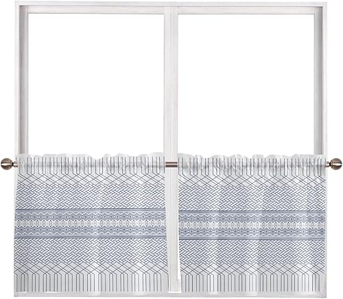 Cortinas traslúcidas geométricas azules para dormitorio, sala de estar, cortina de ventana de 24 pulgadas de largo, cortinas de gasa con bolsillo disponible en Yaxa Mexico