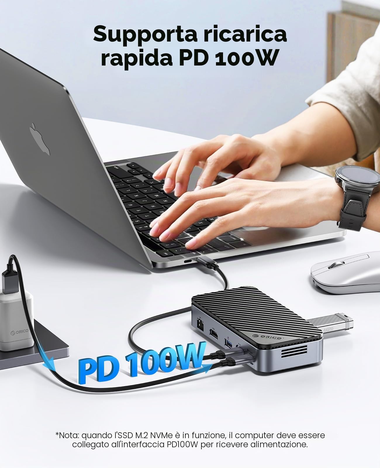 Docking Station USB C 10 in 1, ORICO USB-C HUB con Ventola Incorporata, 10 Gbps USB 3.2 Gen2 M.2 NVMe/SATA SSD Adattatore Compatible M2 SSD Case Supporto 4K HDMI, 100W PD, SD/TF, Gigabit Ethernet