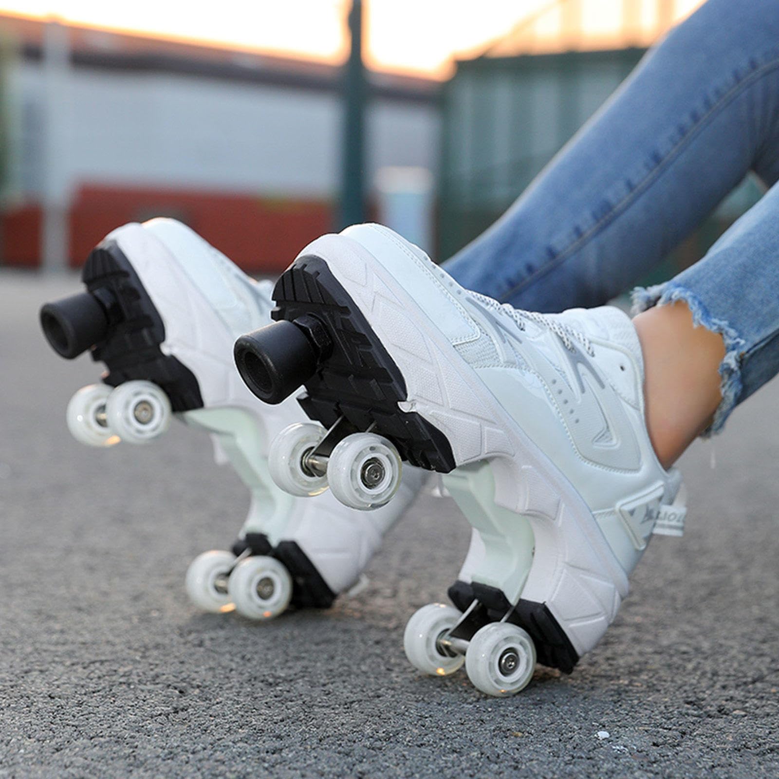 Chaussures De Patins À roulettes Unisexes Chaussures Déformées Multifonctionnelles 2 en 1, Chaussures Parkour pour Adultes/Enfants, Chaussures À roulettes pour Cadeau Débutant,White1-37EU