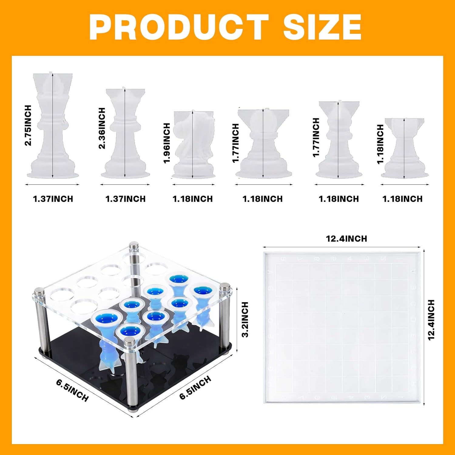 Resin Chess Set Mold with 1Pack Chess Piece Holder, 16 Pieces Full Size 3D Silicone Chess Molds 1 Chessboard Mold for Epoxy Resin Casting, DIY Chess Board Game and Home Decoration Family Party