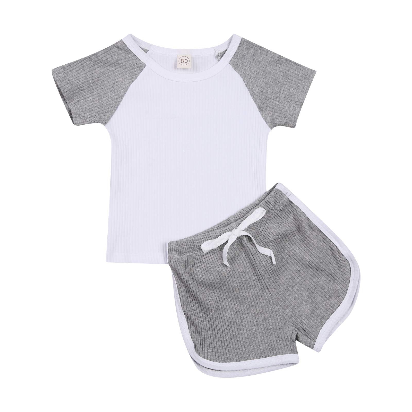 FYBITBO Toddler Infant Girl Boy Summer Shorts Set Ribbed Short Sleeve Shirts+Shorts Baby Playsuit Clothes Outfits (2-3T,Grey,)