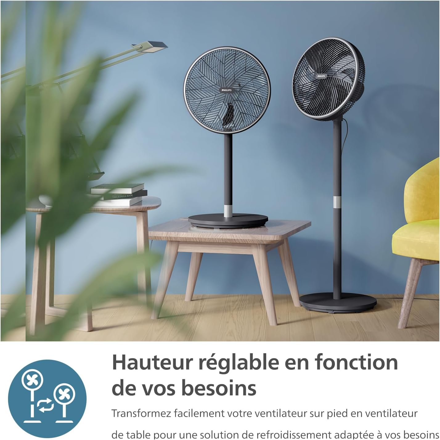 Two Philips Smart Pedestal Fans, one configured as a table fan and one as a pedestal fan, demonstrating adjustable height.
