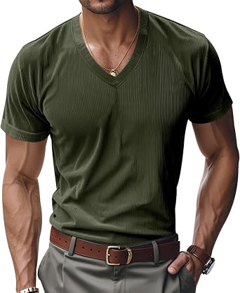 Mens Solid Color Corduroy T-Shirt Army Green Summer V-Neck Striped Short Sleeve Muscle Fitness Athletic Top Fashion Lightweight Stretch Vest Casual Beach Sports Tees S