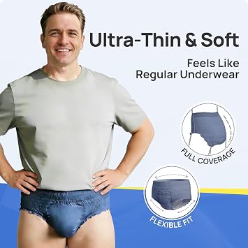 SUNKISS Ultra Thin Incontinence Underwear for Men, Mens Disposable Pull Ups, Fast Absorption & Leak Proof Protection, Moderate Absorbency, XLarge, Blue, 36 Count