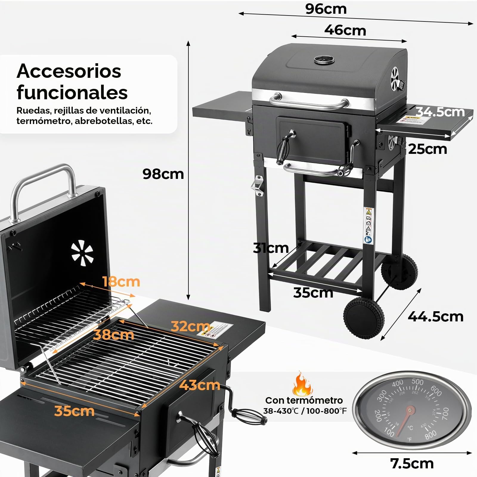 LIFERUN Parrilla Barbacoa Carbon con Tapa, BBQ Smoker, Parrilla con Carrito, con 2PCS Ruedas, Termómetro, Barbacoa de Carbon para Camping y Jardín, 96x98x44,5 cm