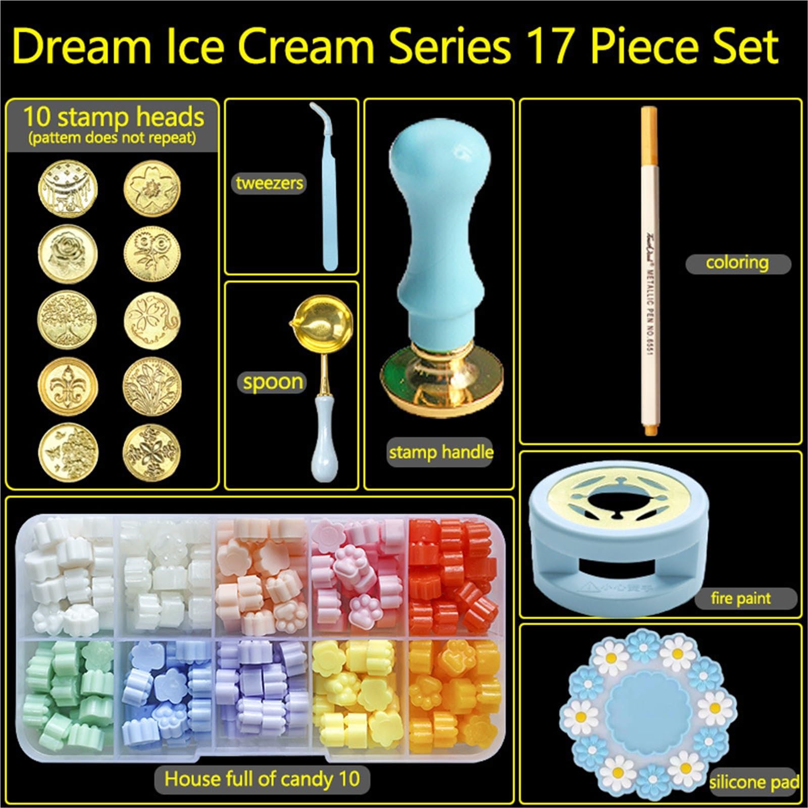Ceralacca Kit Timbro Sigillo Di Ceralacca 17 Pezzi/1 Set | Sigillatura laccata Forniture artigianali fai-da-te Sigillo Intestazione Decorazione invito matrimonio(Random 2set)