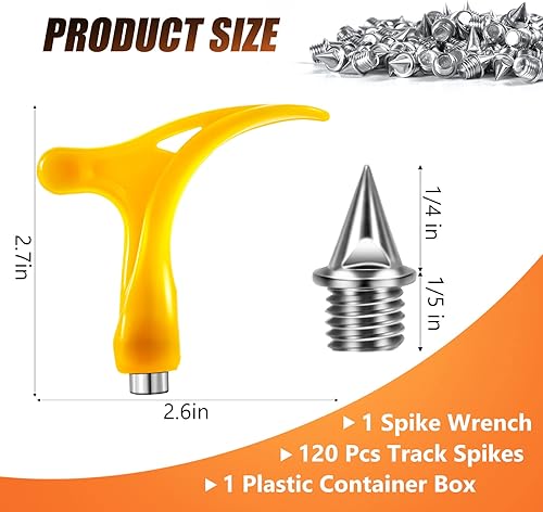 Miniatura 3 de 120 picos de pista de 14 pulgadas con llave de espiga, picos de pista de acero inoxidable de repuesto para zapatos de pista, picos de pirámide 14