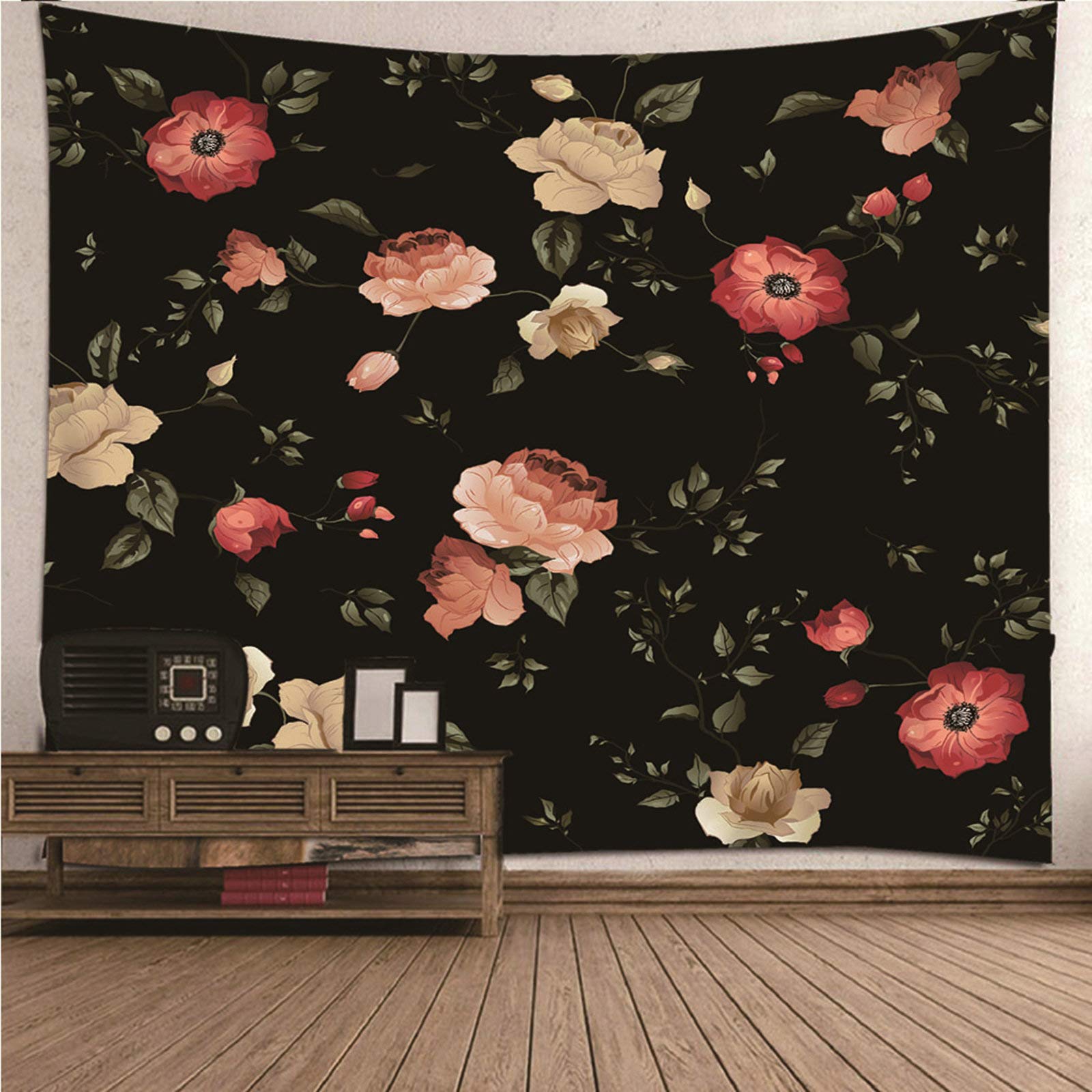 Tapiz de pared de flores negro y rosa de 150x150 cm en poliéster lavable y resistente