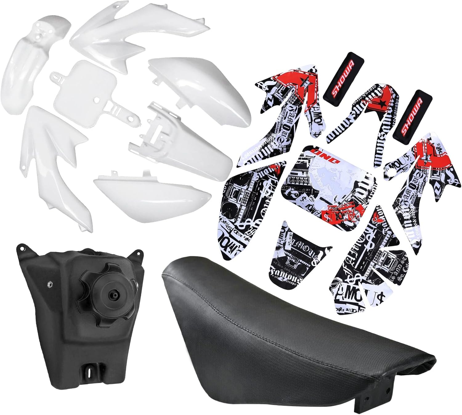 ABS Plastics Fender Fairing Body Work Kit with Graphics Decals & Seat and Gas Fuel Tank for CRF50F XR50R CRF XR 50 SSR Chinese SSR 110cc 125cc Dirt Pit Bike (White)
