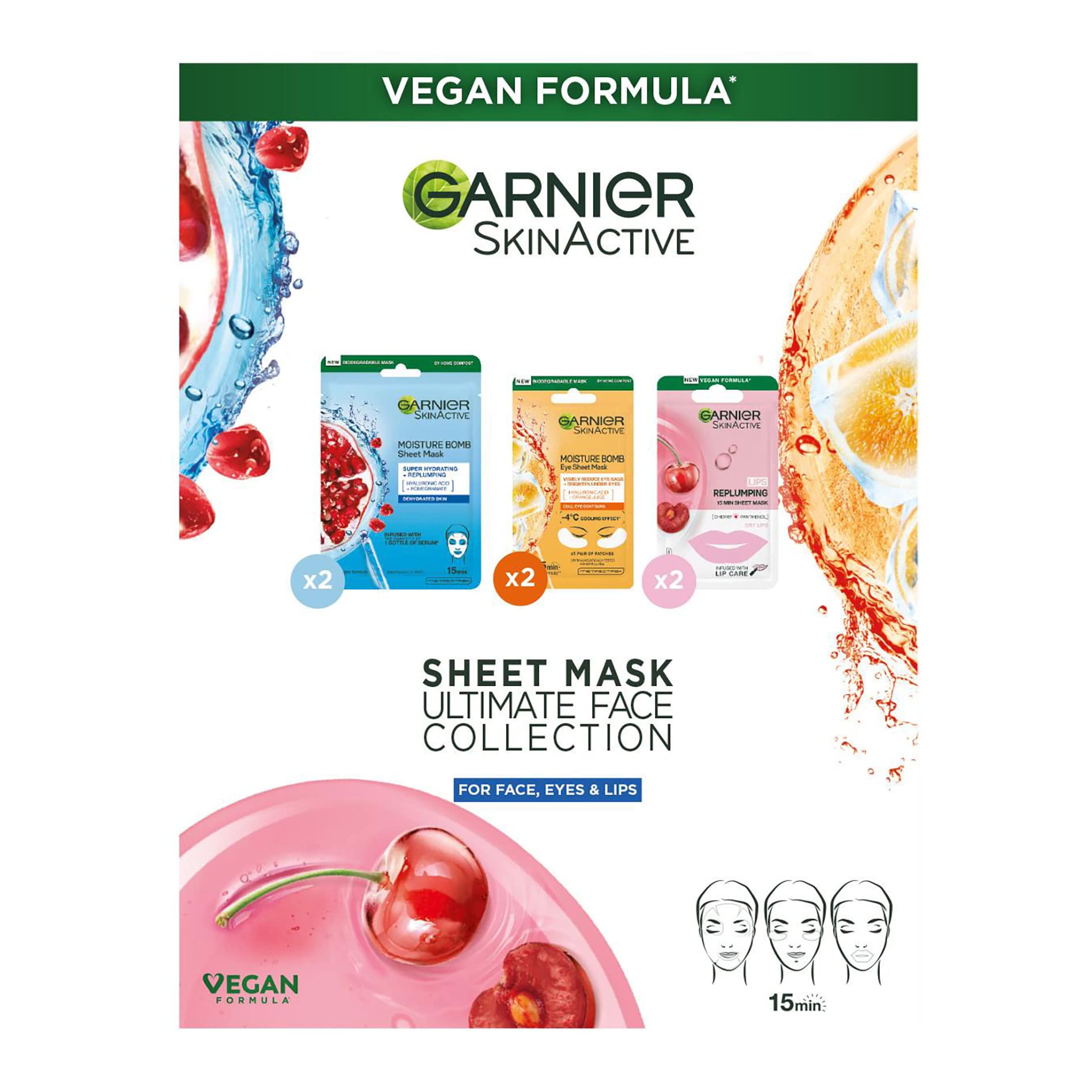 Garnier Sheet Masks Ultimate Face Collection, Set of Sheet Masks for Face, Eyes and Lips, With Natural Plant Extracts, Hyaluronic Acid Serum and Vegan Tissue, SkinActive, 6 Pieces
