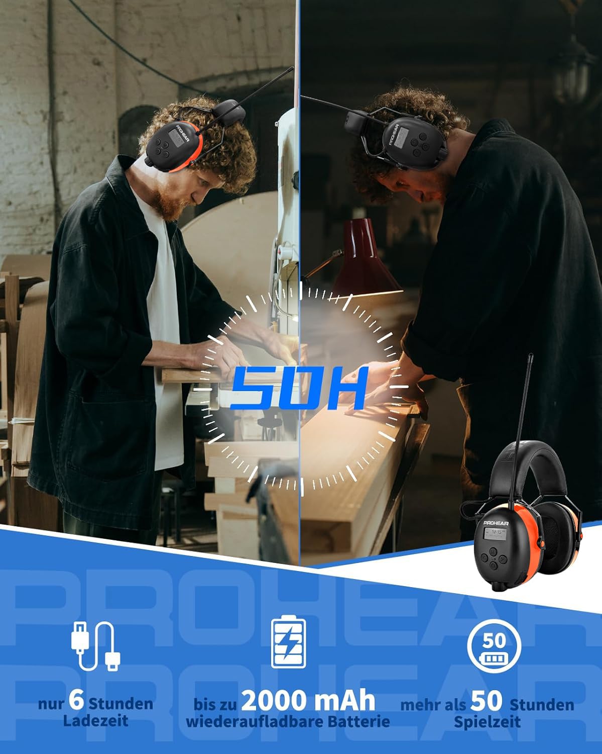 PROHEAR 033 Cascos Antiruido Bluetooth con Radio, Auriculares de Protección Auditiva FM/AM con Manos Libres, Cascos Insonorizacion para Jardín Césped Talleres Carpinteros Soldadura SNR 31dB Naranja