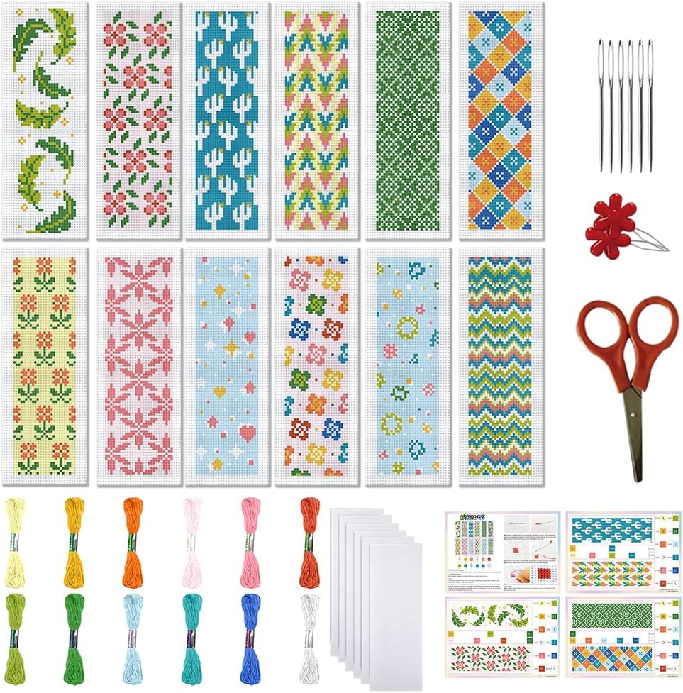 FREEBLOSS 12pcs Floral Cross Stitch Bookmark Kit 11CT Stamped Cross Stitch Kit DIY Embroidery Bookmarks Set with Felts Backing Instructions for Adult Beginners 8"x2.4"