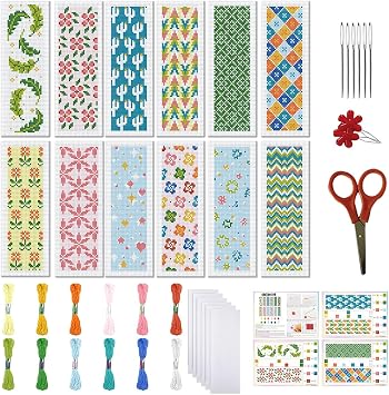 FREEBLOSS 12pcs Floral Cross Stitch Bookmark Kit 11CT Stamped Cross Stitch Kit DIY Embroidery Bookmarks Set with Felts Backing Instructions for Adult Beginners 8"x2.4"