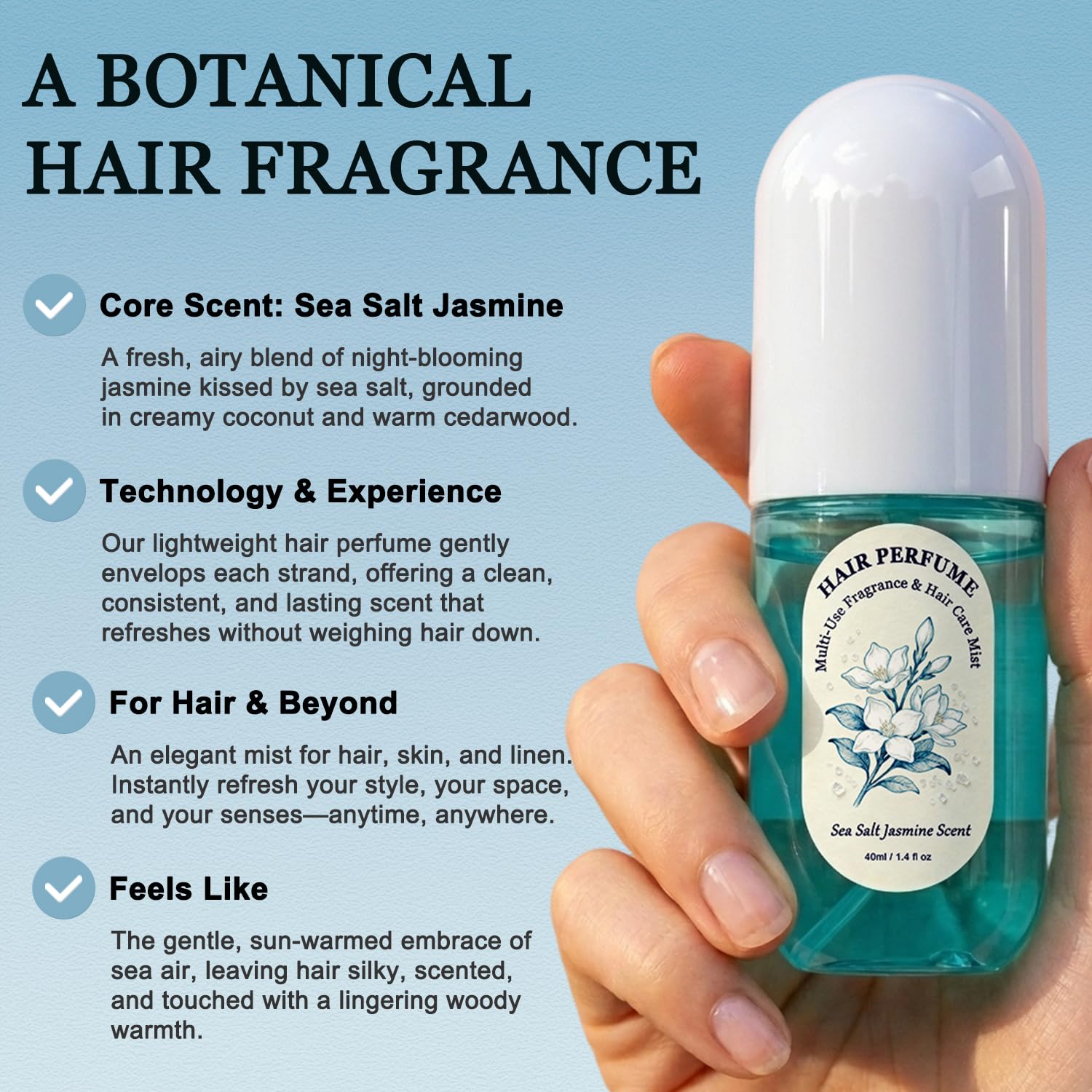 Hair & Body Perfume Mist for Women Long-Lasting - Sea Salt Jasmine Scent | Deodorizing, Portable Spray - Moisturizing & Hydrating Fragrance with Frizz Control & Shine Enhancement, Alcohol-Free, 1.4 oz - Image 3