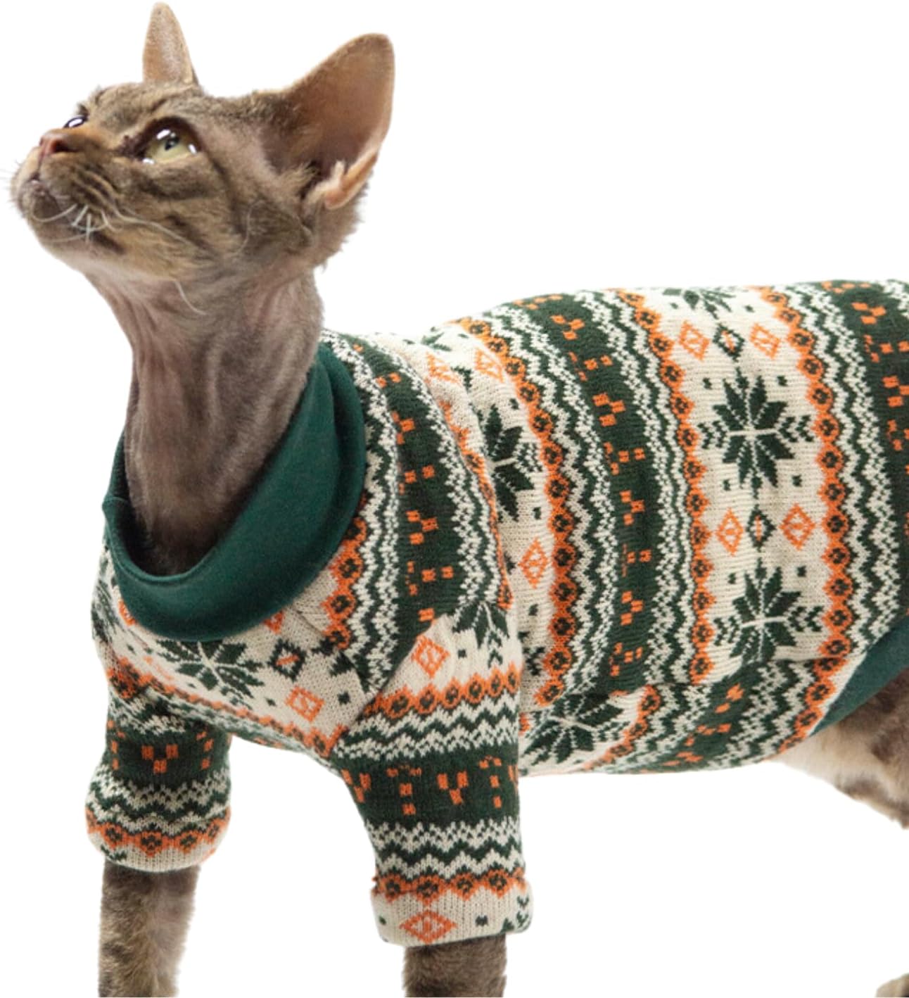 Cat Festive Sweater Pullover, Classic Soft Warm Christmas Clothes for Hairless Sphynx, Devon & All Indoor Kittens (Green,S)