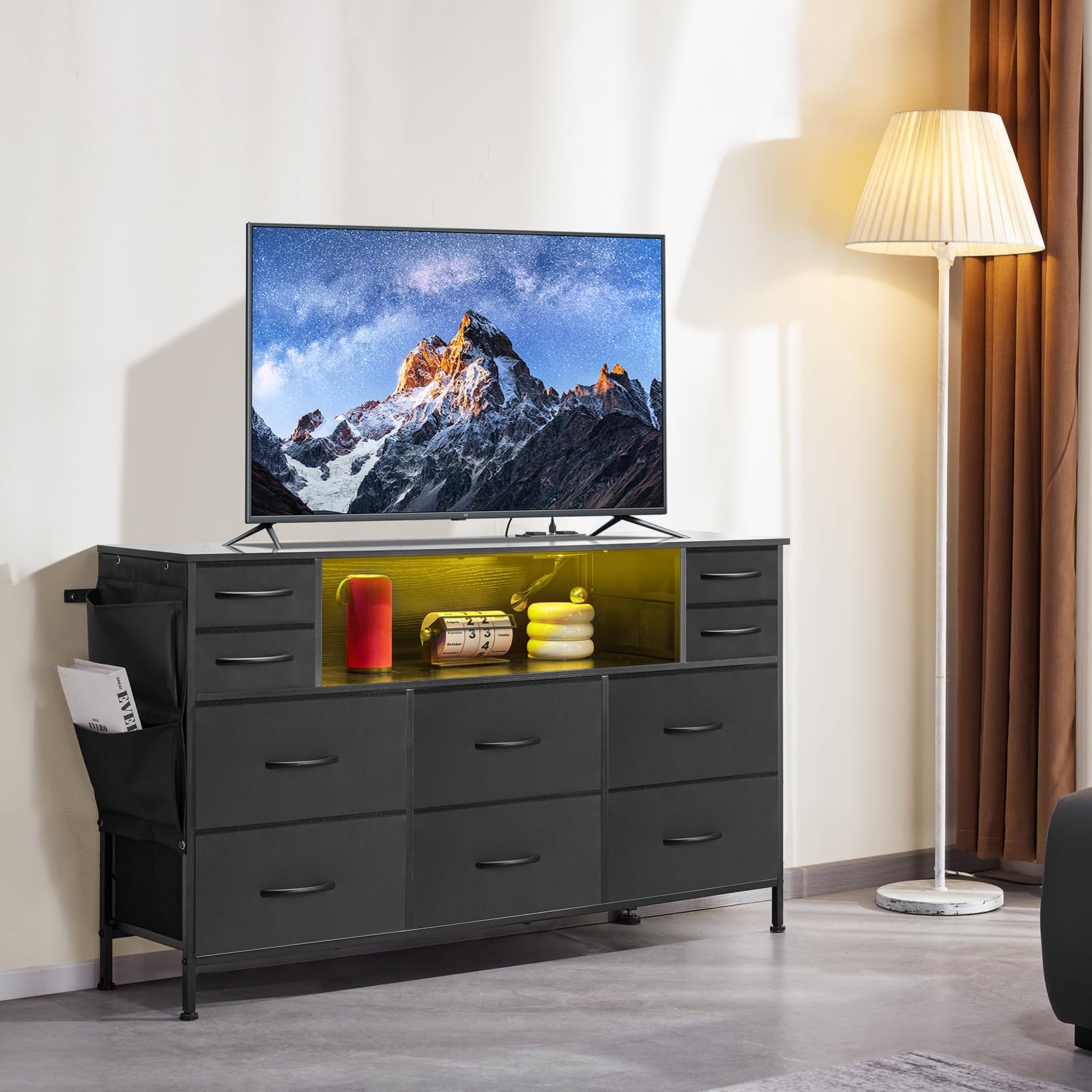 VEVOR Cassettiera con 10 Cassetti, Cassettiera in Tessuto con Contenitori in Tessuto, Cassetti Portaoggetti per Armadio con Ripiano Portaoggetti Aperto, Luci a LED e Presa Integrata, per Armadio, Nero