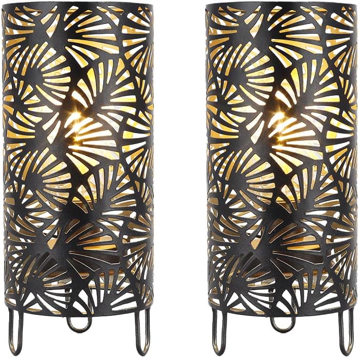 JHY DESIGN Set of 2 Metal Battery Powered 9''High Accent Cordless LED Bulb Huge Fan Patterned Battery Lamp for Weddings Parties Patio Garden Indoors Outdoors Table Bed Room