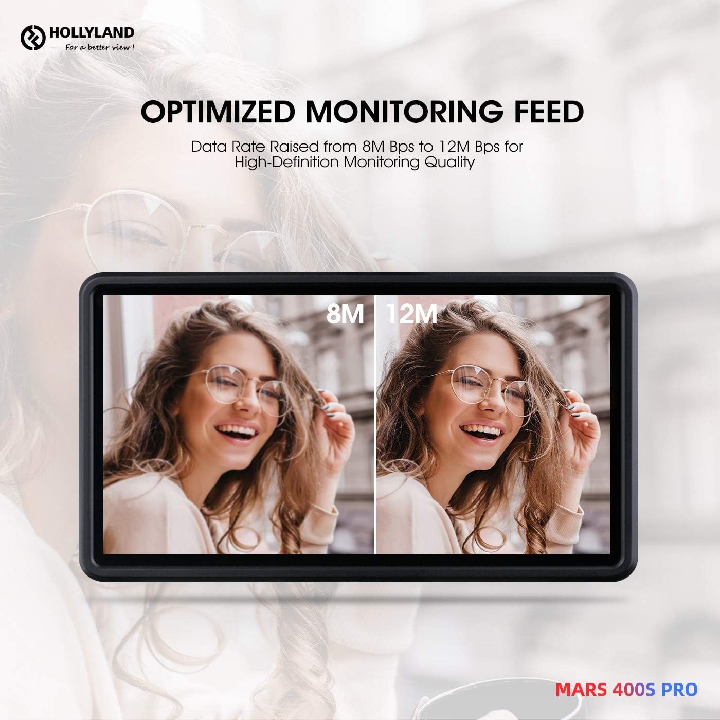 Comparison image showing a video feed at 8Mbps versus 12Mbps, demonstrating improved clarity at the higher data rate.