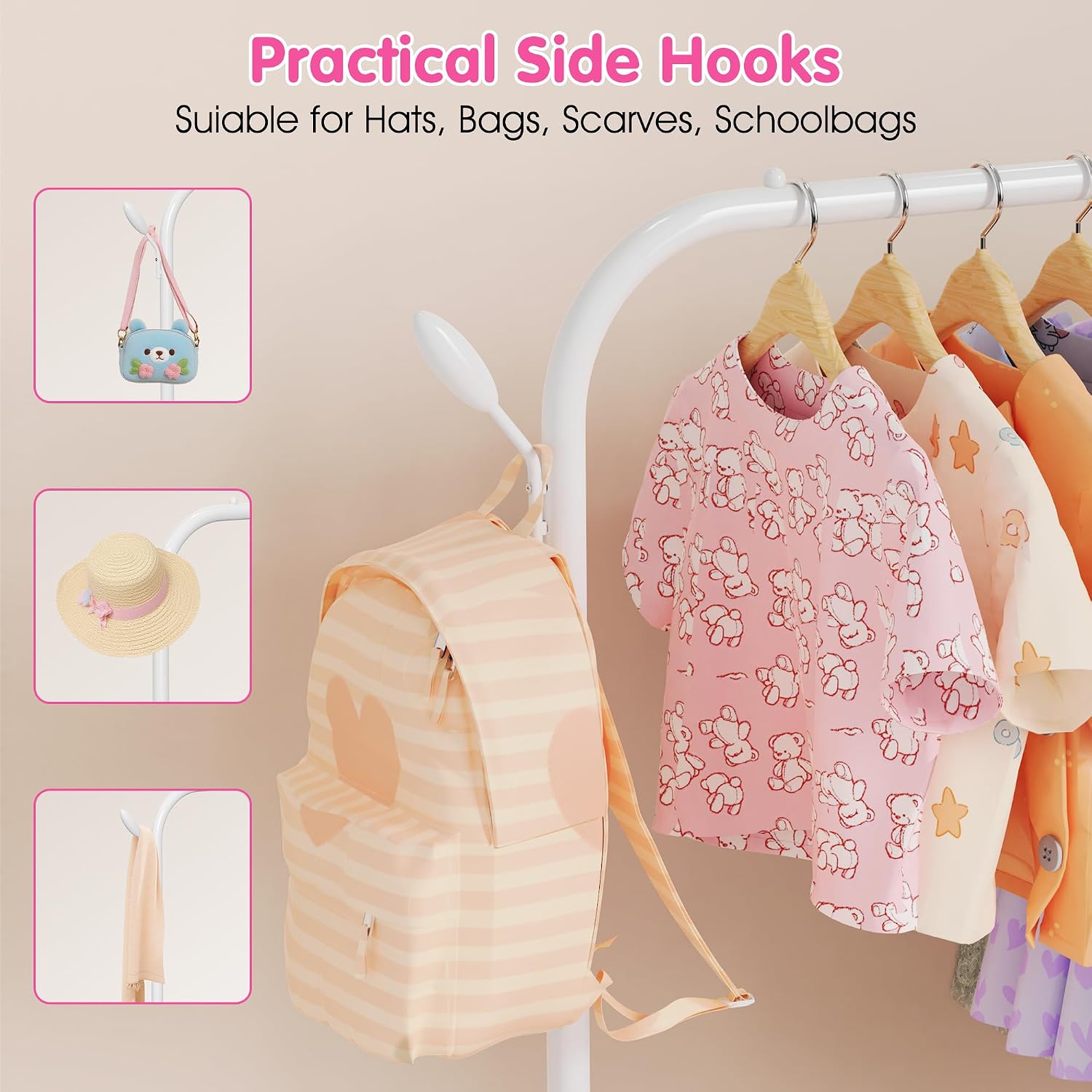 Kids Clothes Rack for Ages 3-6, Montessori Kids Clothing Rack with Bottom Shelf & Side Hooks, Toddler Wardrobe Rack for Bedroom, Playroom, Nursery and Small Room Storage, White