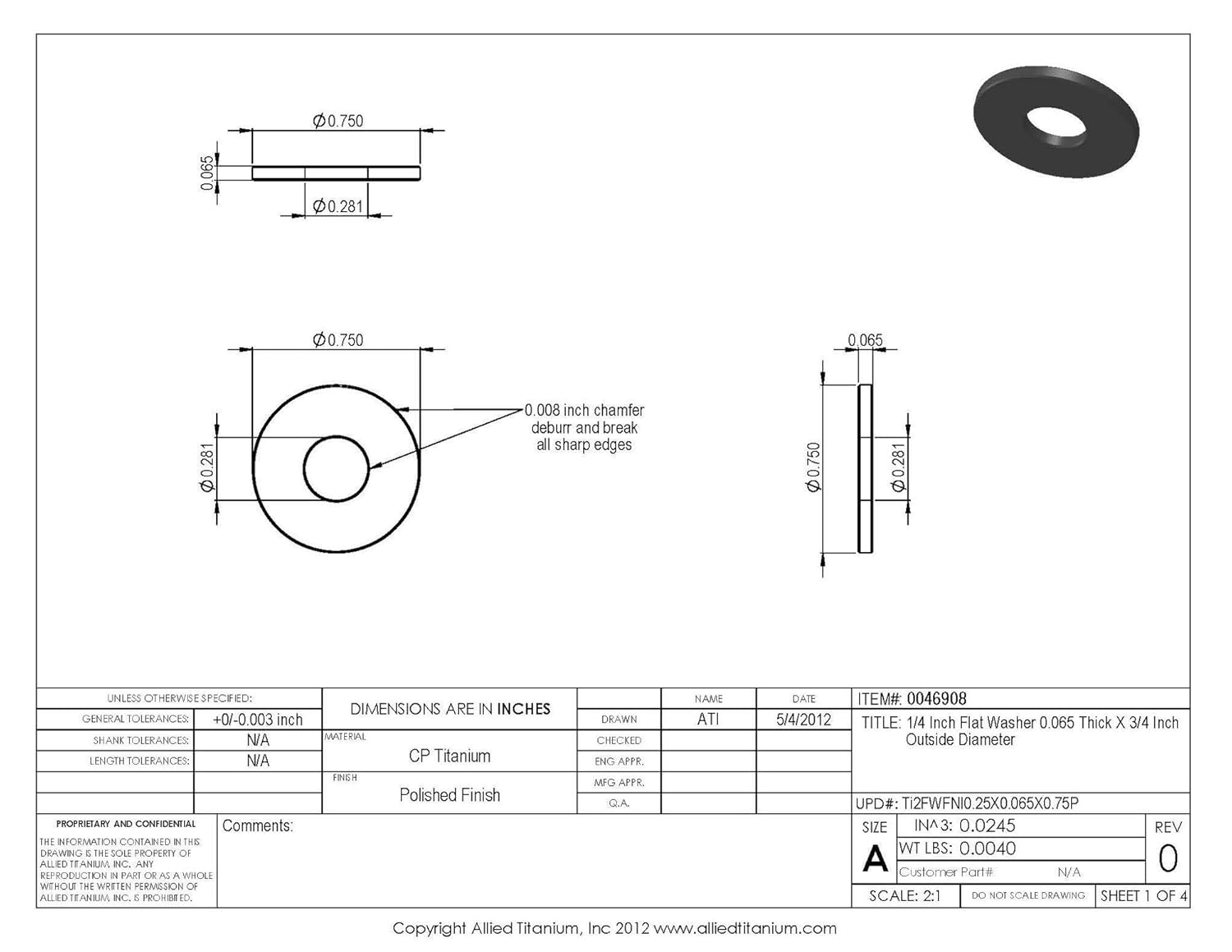0046908, (Pack of 20) 1/4 Inch Flat Washer 0.065 Thick X 3/4 Inch Outside Diameter, Grade 2 (CP)