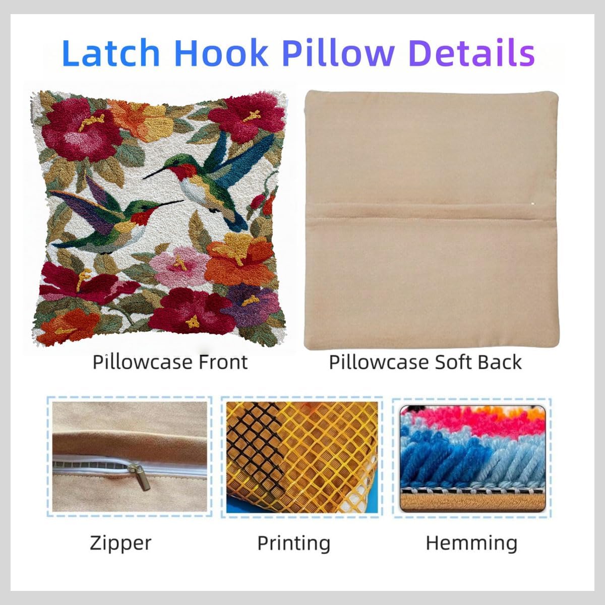 DIY Latch Hook Kits Pillow Hummingbirds in Flowers Printed Pattern Crochet Yarn Needlework Hook and Latch Pillowcase Cushion Craft Set 43x43cm-2