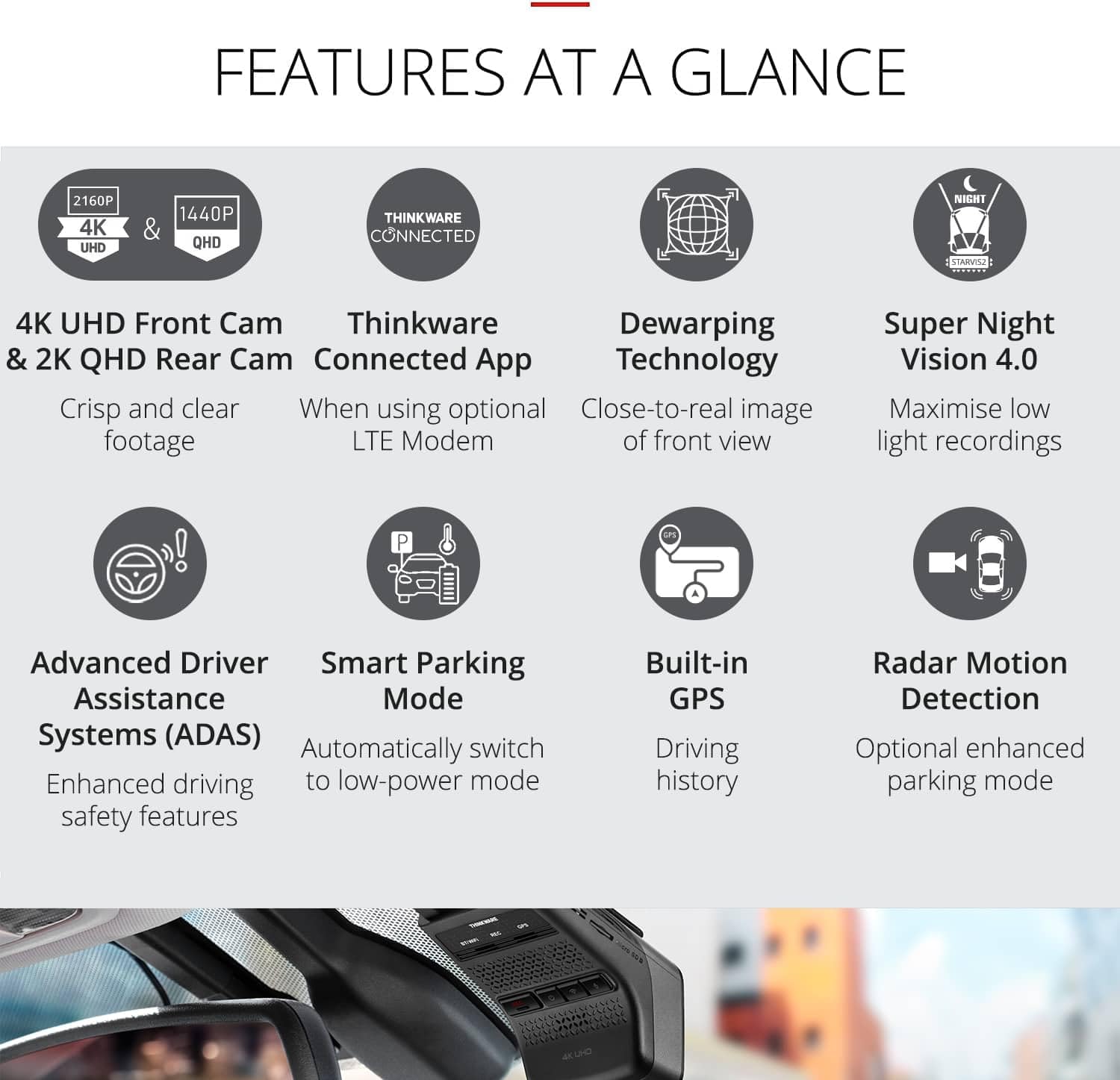 Thinkware U3000 PRO Dash Cam – Telecamera anteriore 4K UHD 2160p e 2K QHD posteriore – GPS integrato, super visione notturna 4.0, cavo hardwire per modalità di parcheggio radar sicuro della batteria