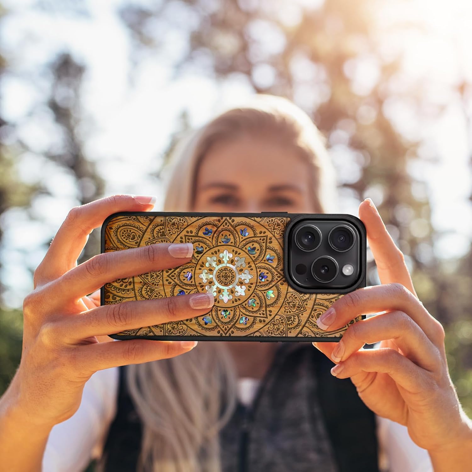 Carveit Magnetic Case for iPhone 16 Pro Case, Wood Artisan Engraved & Handmade Shell Inlaid, TPU Shockproof Cover, Compatible with MagSafe Wireless Chargers (Mandala Floral) Cherry