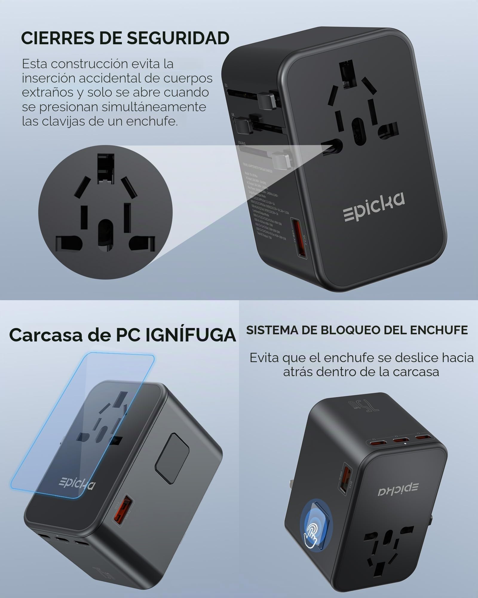 EPICKA GAN Adaptador Enchufe Universal, PD 75W Adaptadores de Viaje con 3 USB-C y 2 USB-A, Adaptador Universal Enchufe Viaje para UK USA Japón, Tailandia, Australia, Irlanda TA-105M