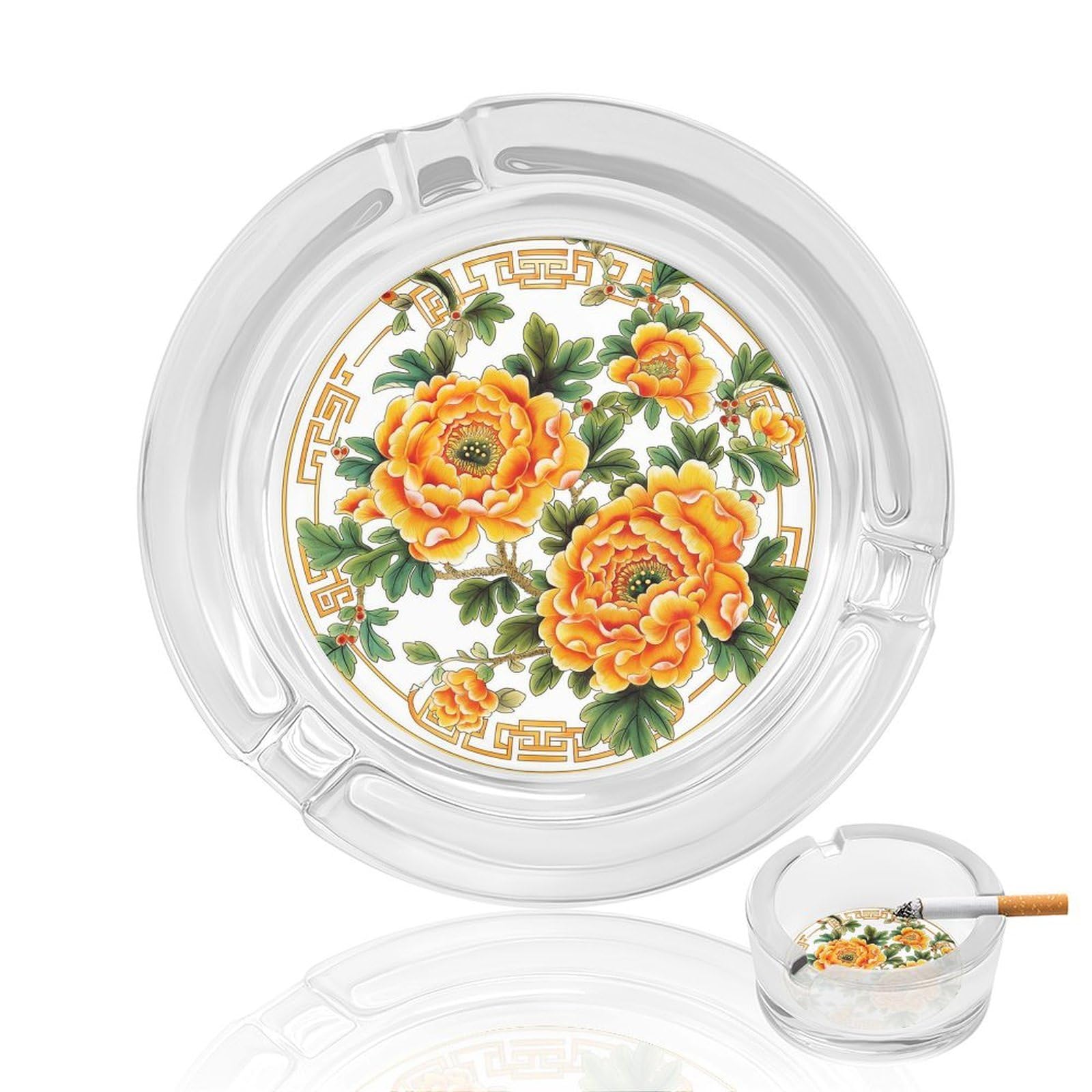 Orange Yellow Peony Green Branches Glass Ashtray for Cigarettes Portable Decorative Ash Trays for Home Office Decor