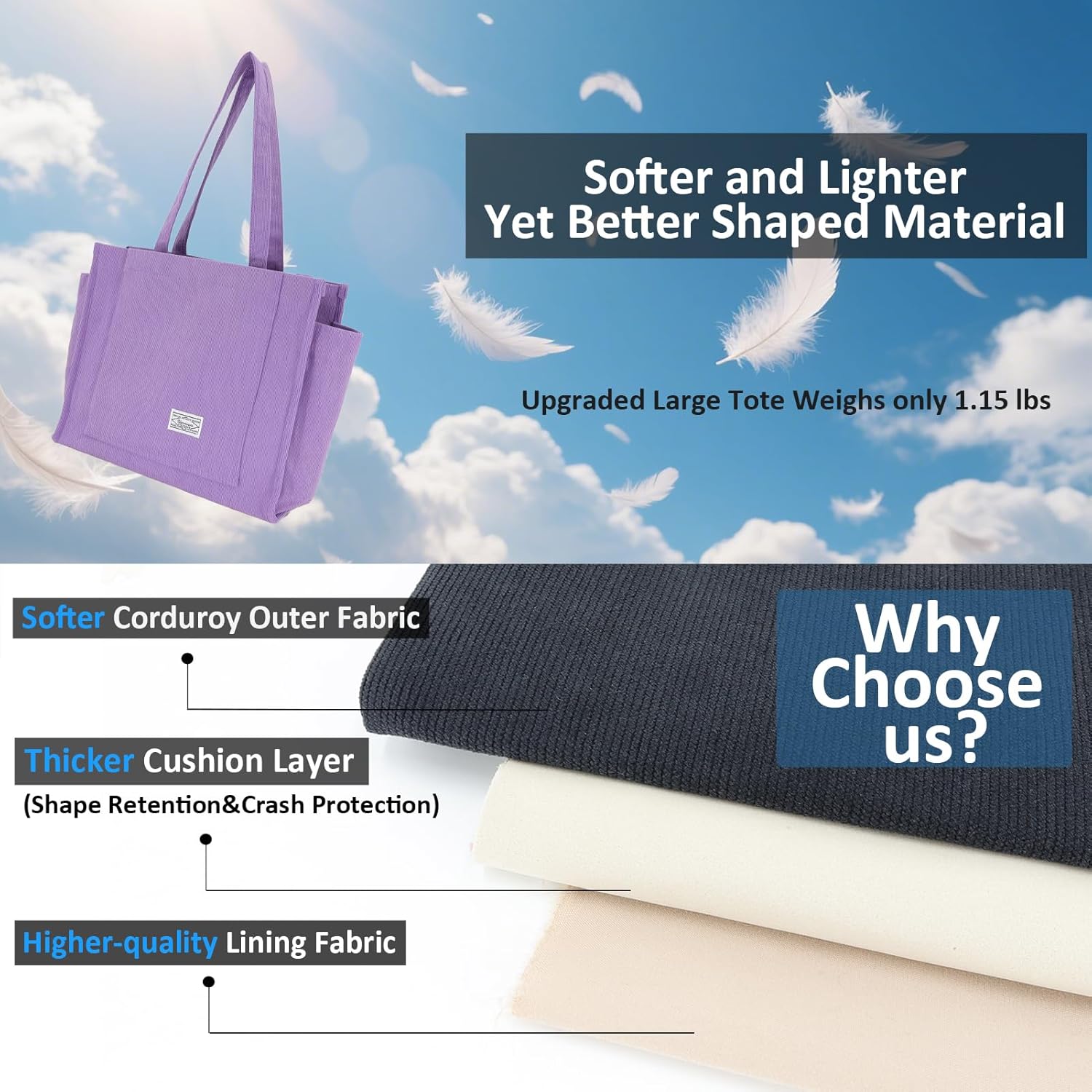 UERRUAM Tote Bag for Women with Compartments,Large Corduroy Tote for Work Travel College Book Bag Hard Bottom Crossbody Bag - Image 5